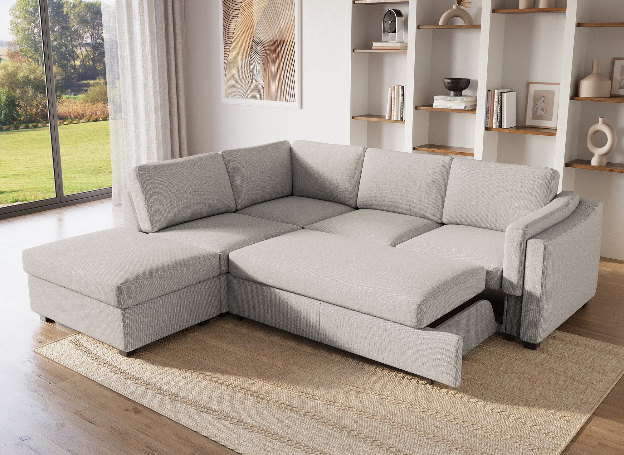 BARNEY beiges Stoffschlafsofa mit Stauraum - Linke Ecke