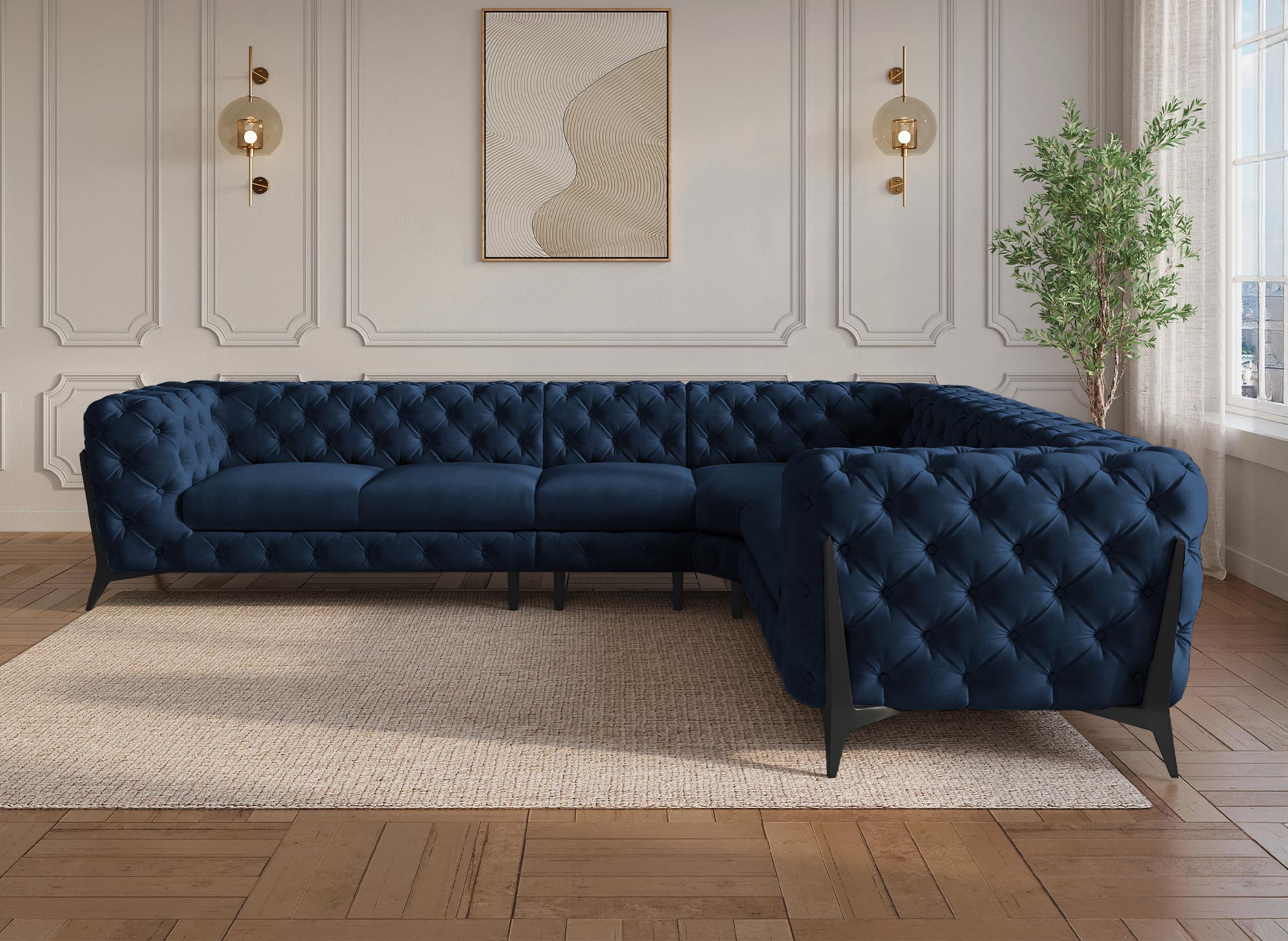 CARMEN Wende-Chesterfield-Ecksofa aus blauem Samt mit Polsterung