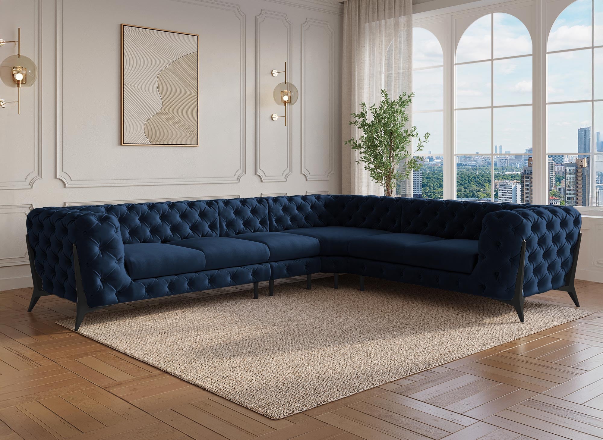 CARMEN Wende-Chesterfield-Ecksofa aus blauem Samt mit Polsterung