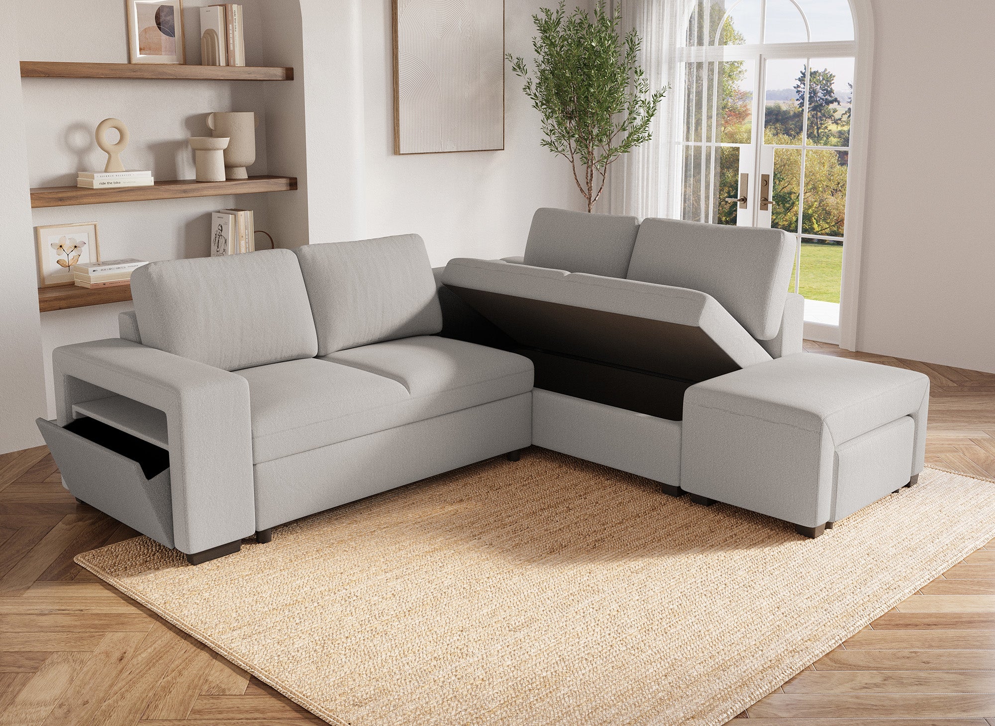 ALBAN Ecksofa aus beigefarbenem Stoff - rechtwinklig