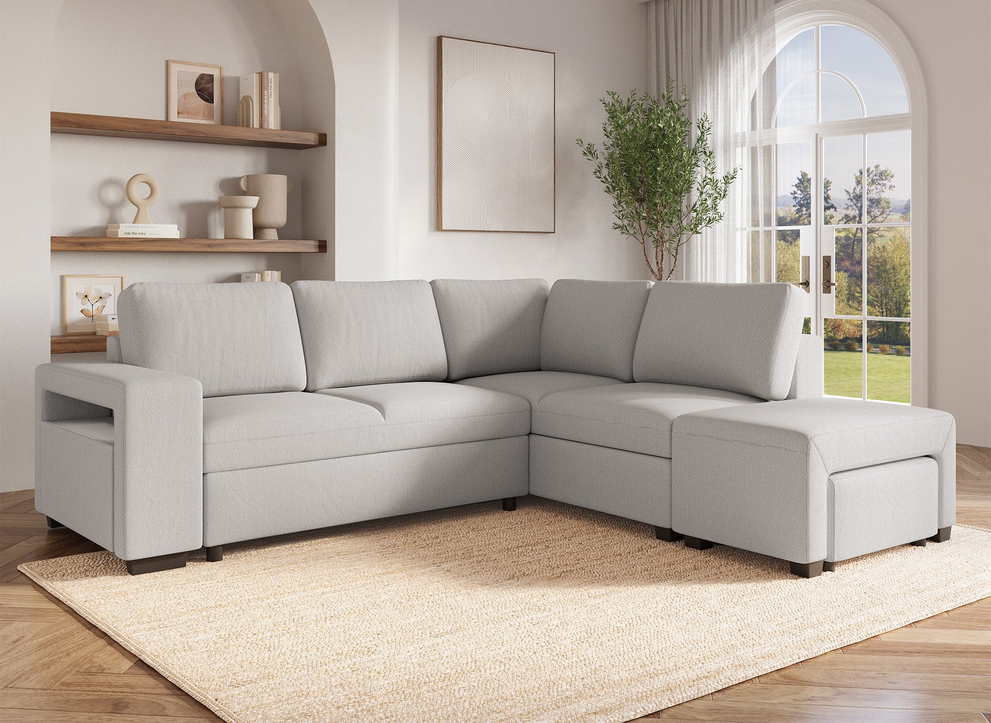 ALBAN Ecksofa aus beigefarbenem Stoff - rechtwinklig