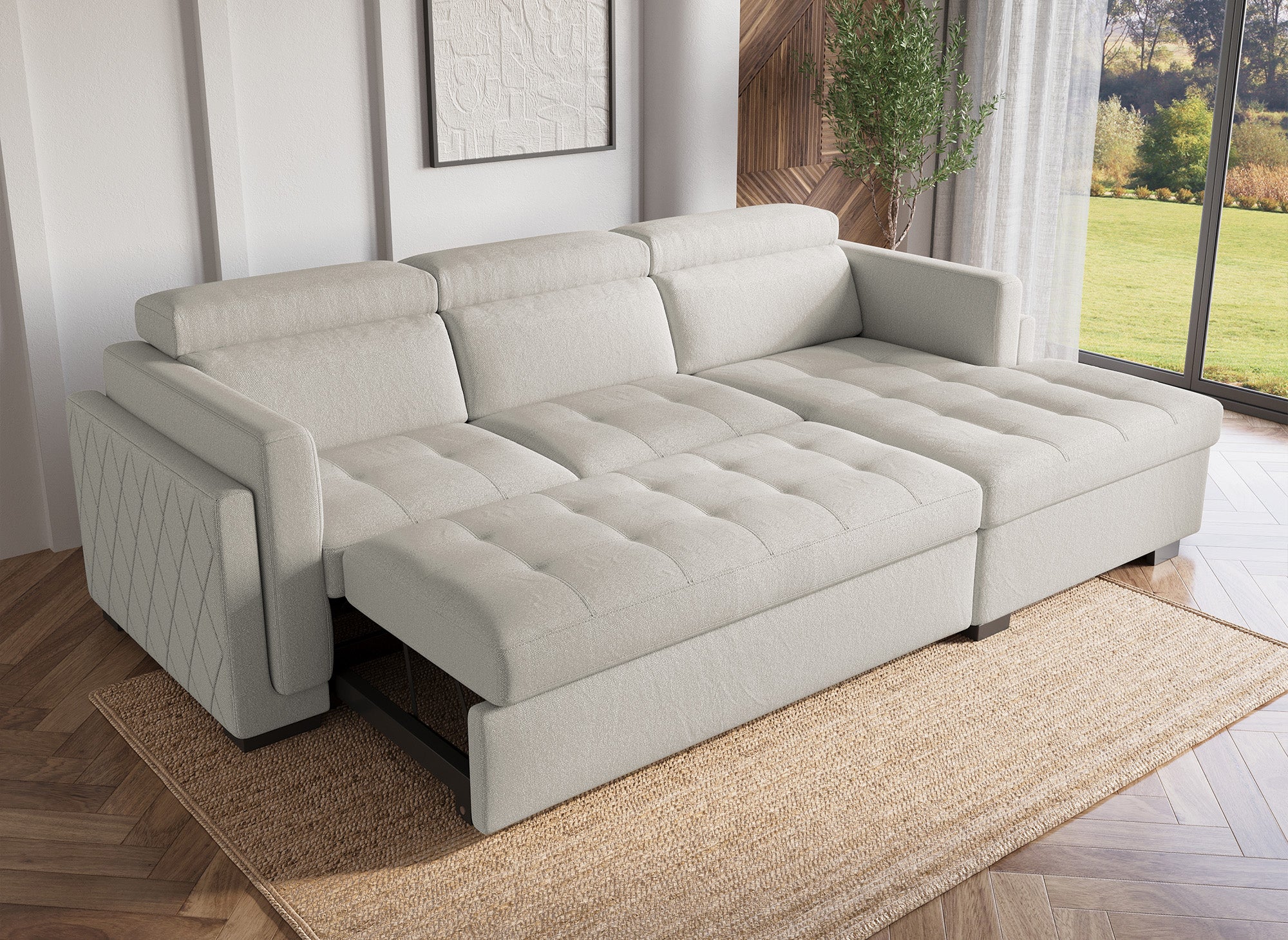 CHANDLER Ecksofa aus beigefarbenem Stoff – rechtwinklig