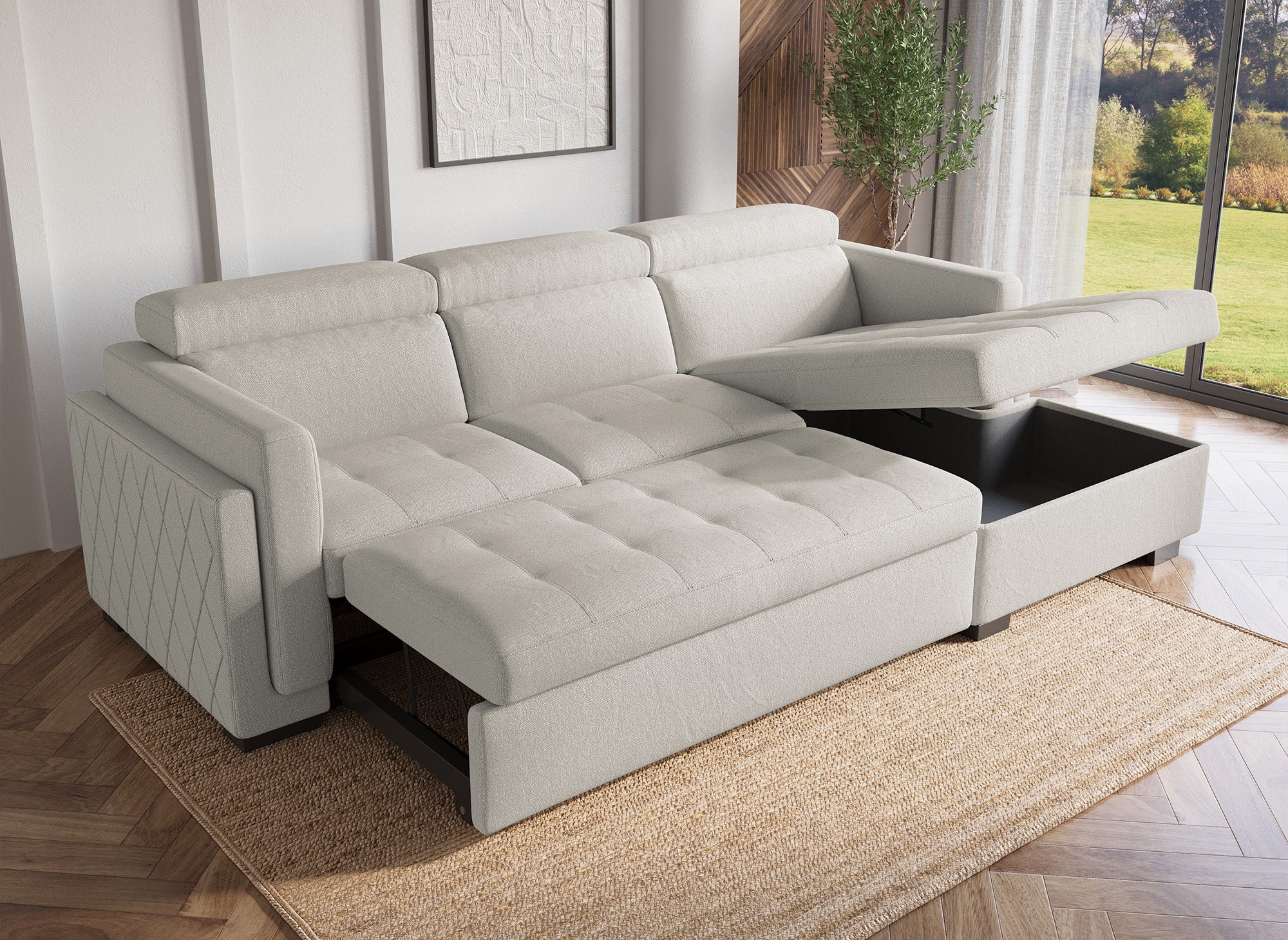 CHANDLER Ecksofa aus beigefarbenem Stoff – rechtwinklig