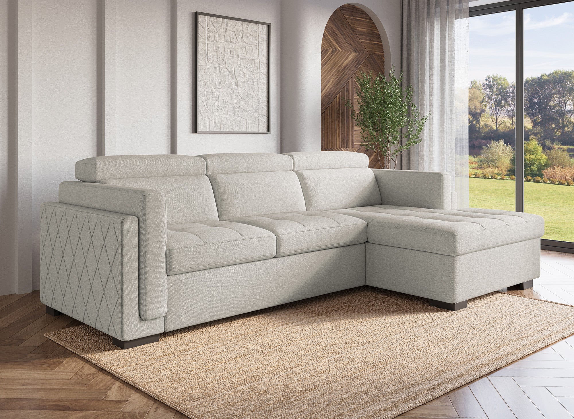 CHANDLER Ecksofa aus beigefarbenem Stoff – rechtwinklig