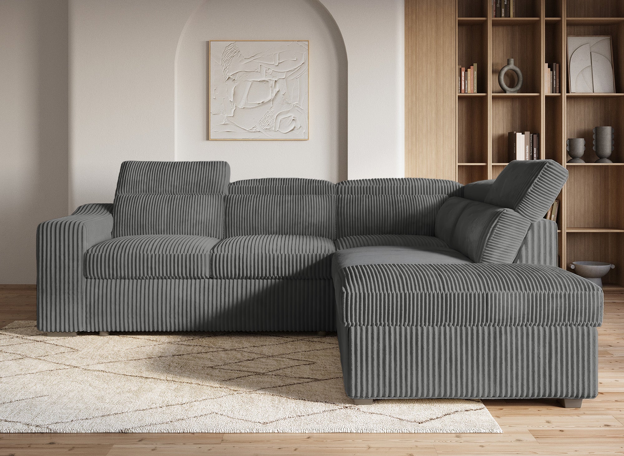 MARTY Ecksofa aus grauem Cord mit Stauraum - rechtwinklig