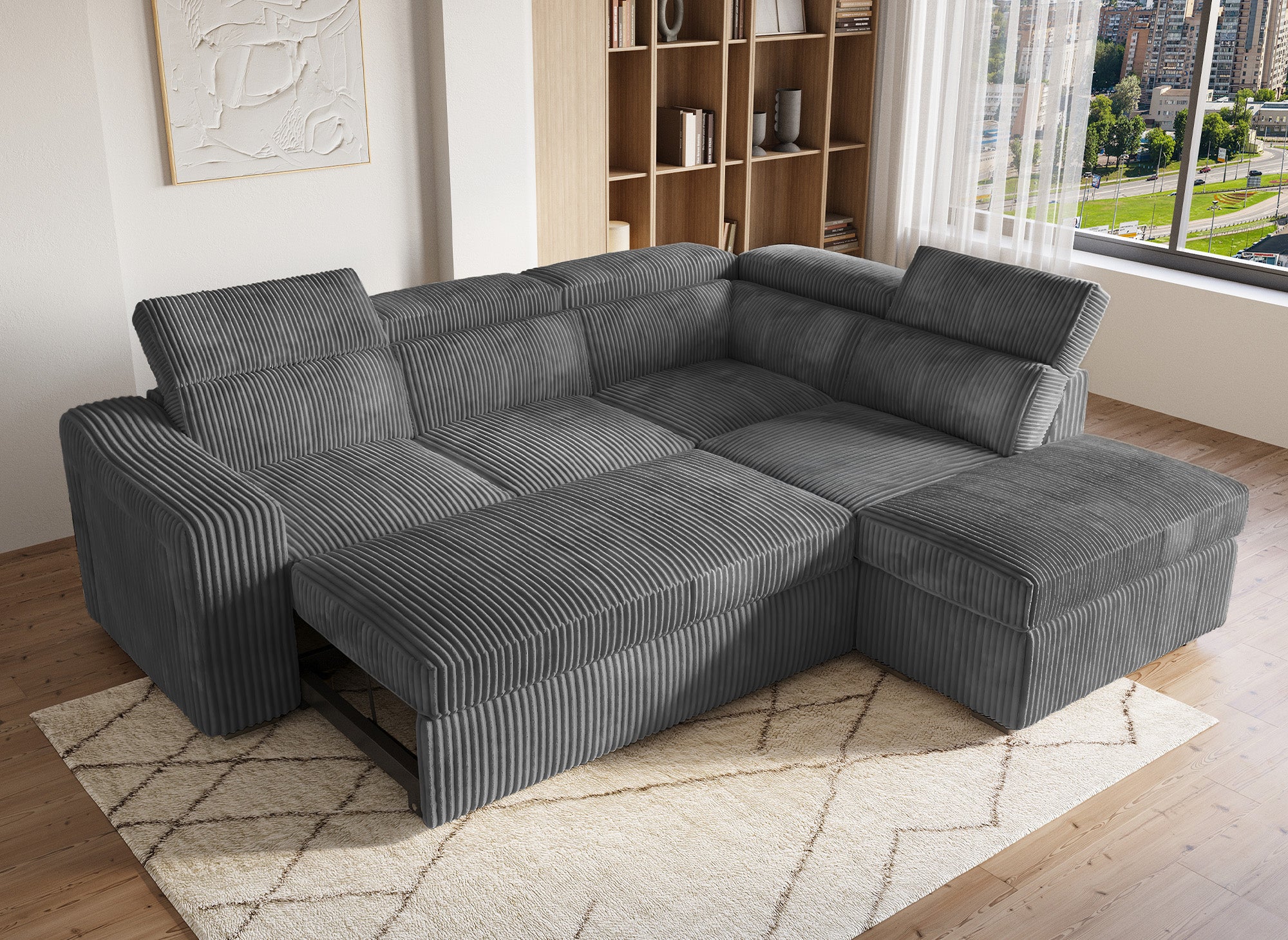 MARTY Ecksofa aus grauem Cord mit Stauraum - rechtwinklig