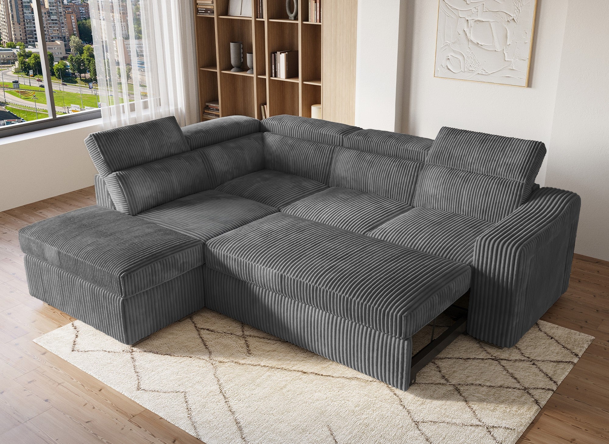 MARTY Ecksofa aus grauem Cord mit Stauraum – Linke Ecke