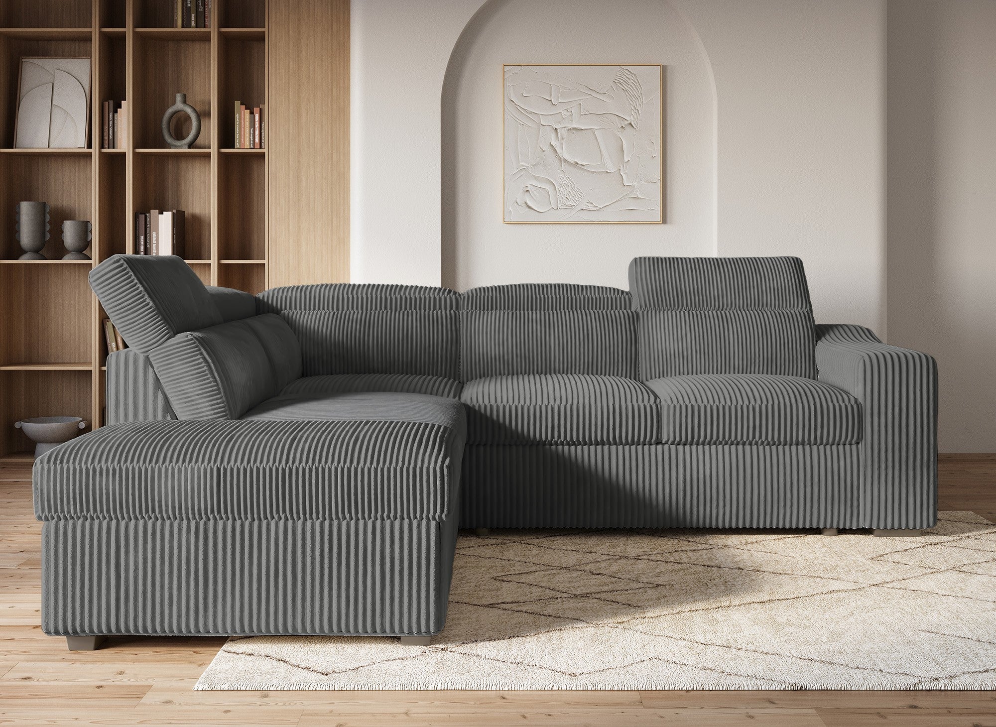 MARTY Ecksofa aus grauem Cord mit Stauraum – Linke Ecke
