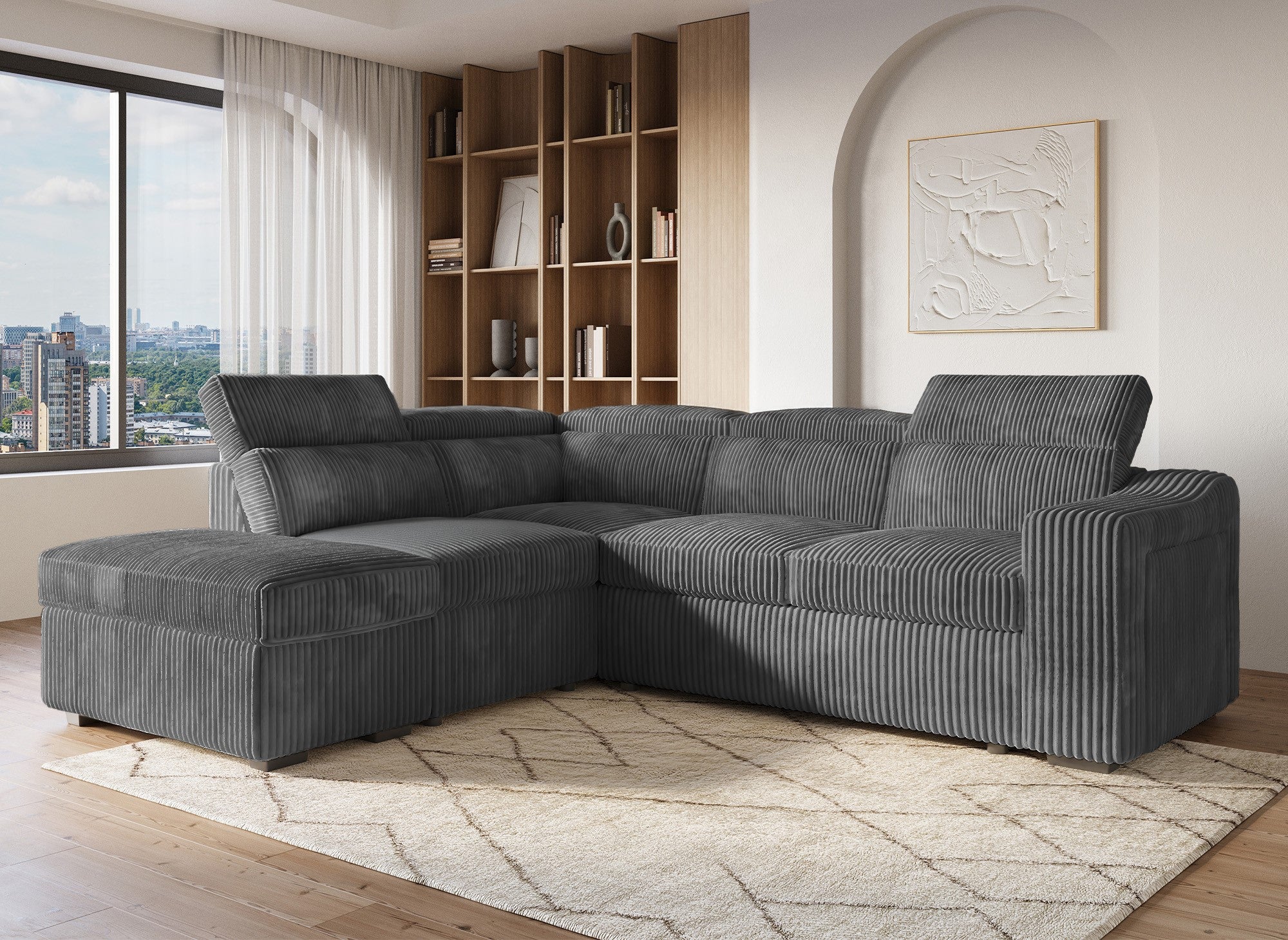 MARTY Ecksofa aus grauem Cord mit Stauraum – Linke Ecke