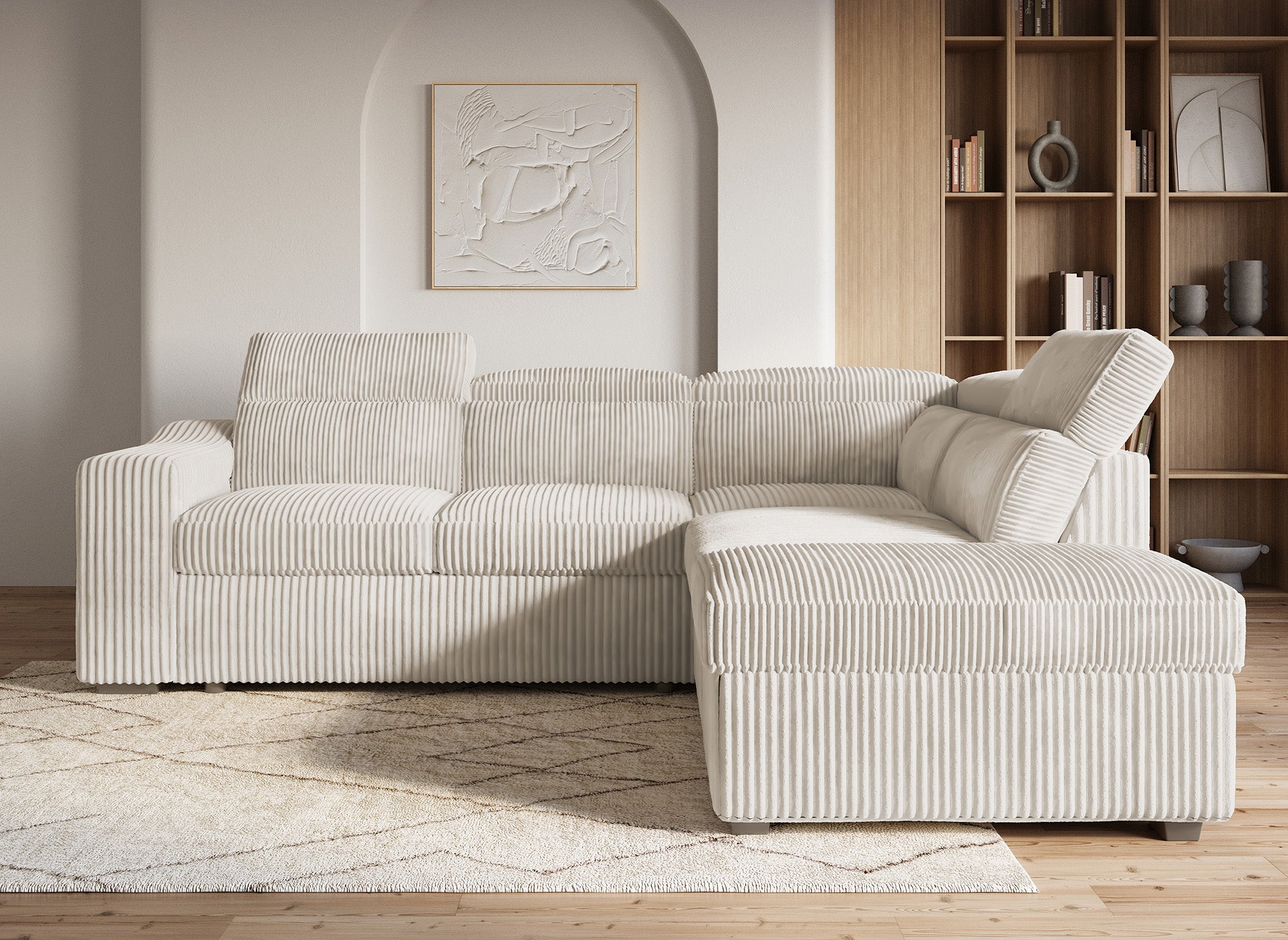 MARTY Ecksofa aus beigefarbenem Cord mit Stauraum - Rechtwinklig