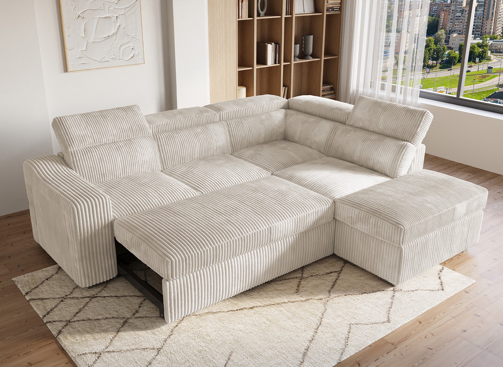 MARTY Ecksofa aus beigefarbenem Cord mit Stauraum - Rechtwinklig