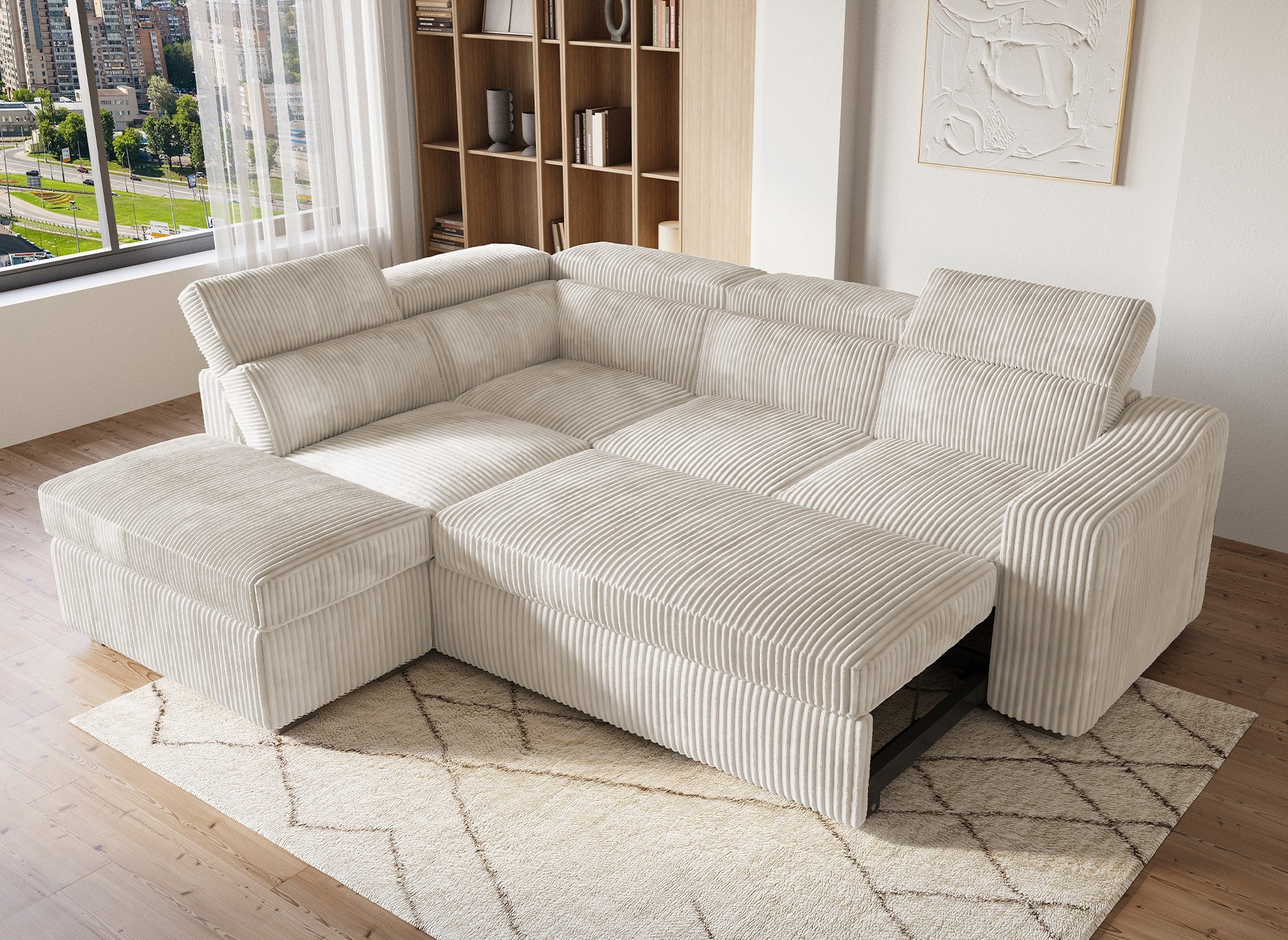 MARTY beiges Cord-Ecksofa mit Stauraum - Linke Ecke