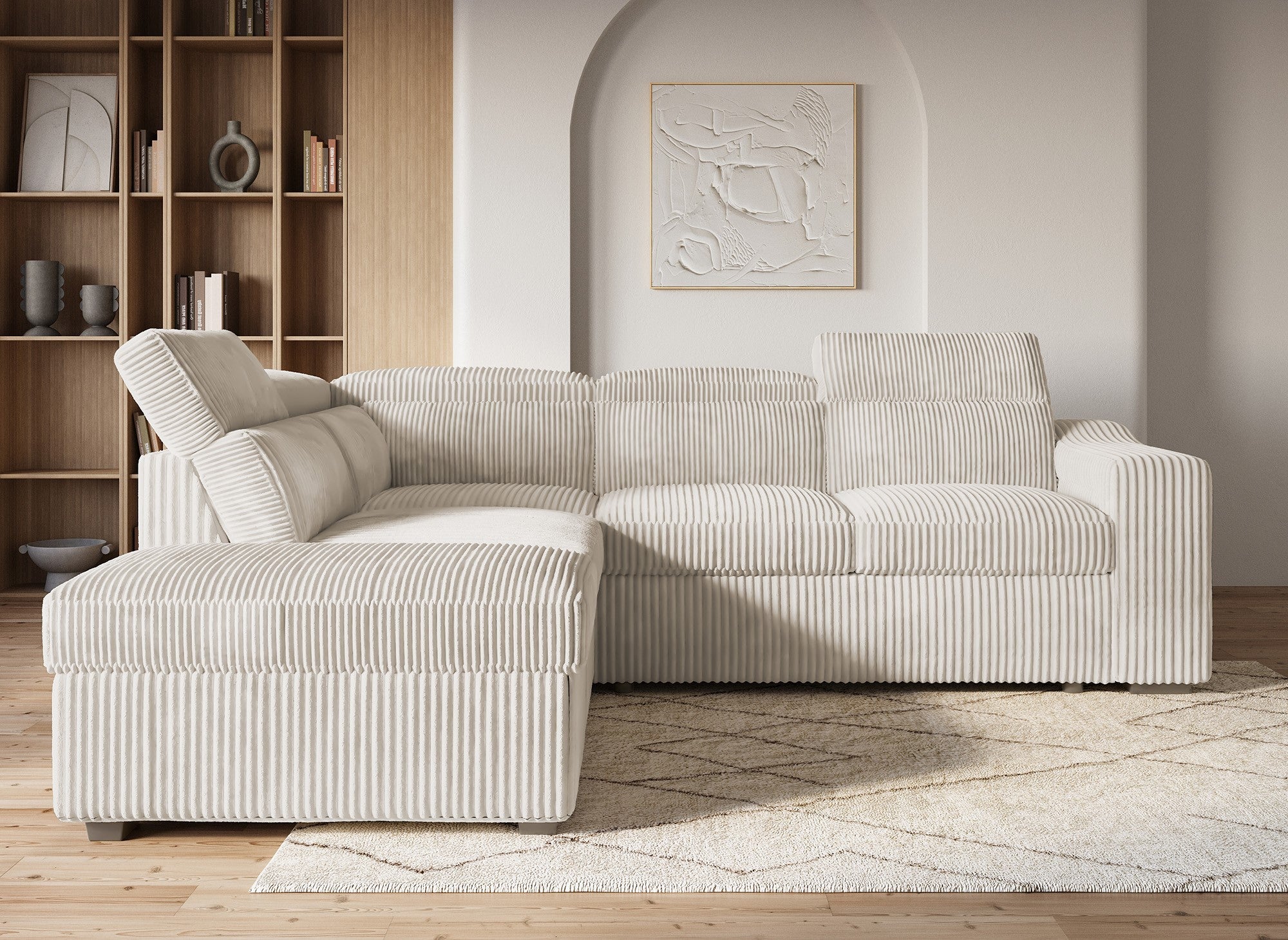 MARTY beiges Cord-Ecksofa mit Stauraum - Linke Ecke