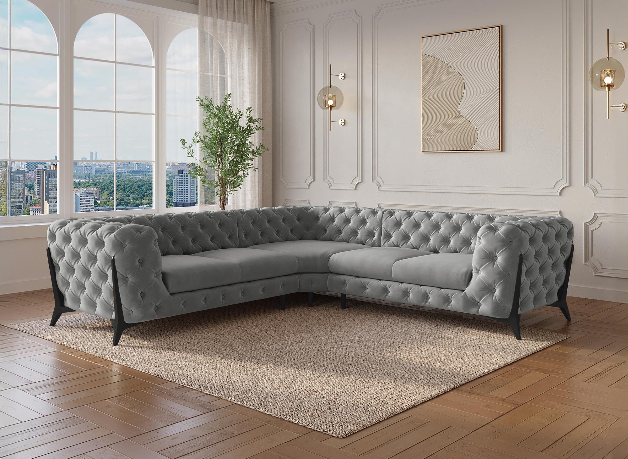 CARMEN Chesterfield-Ecksofa aus grauem Samt mit Polsterknöpfen