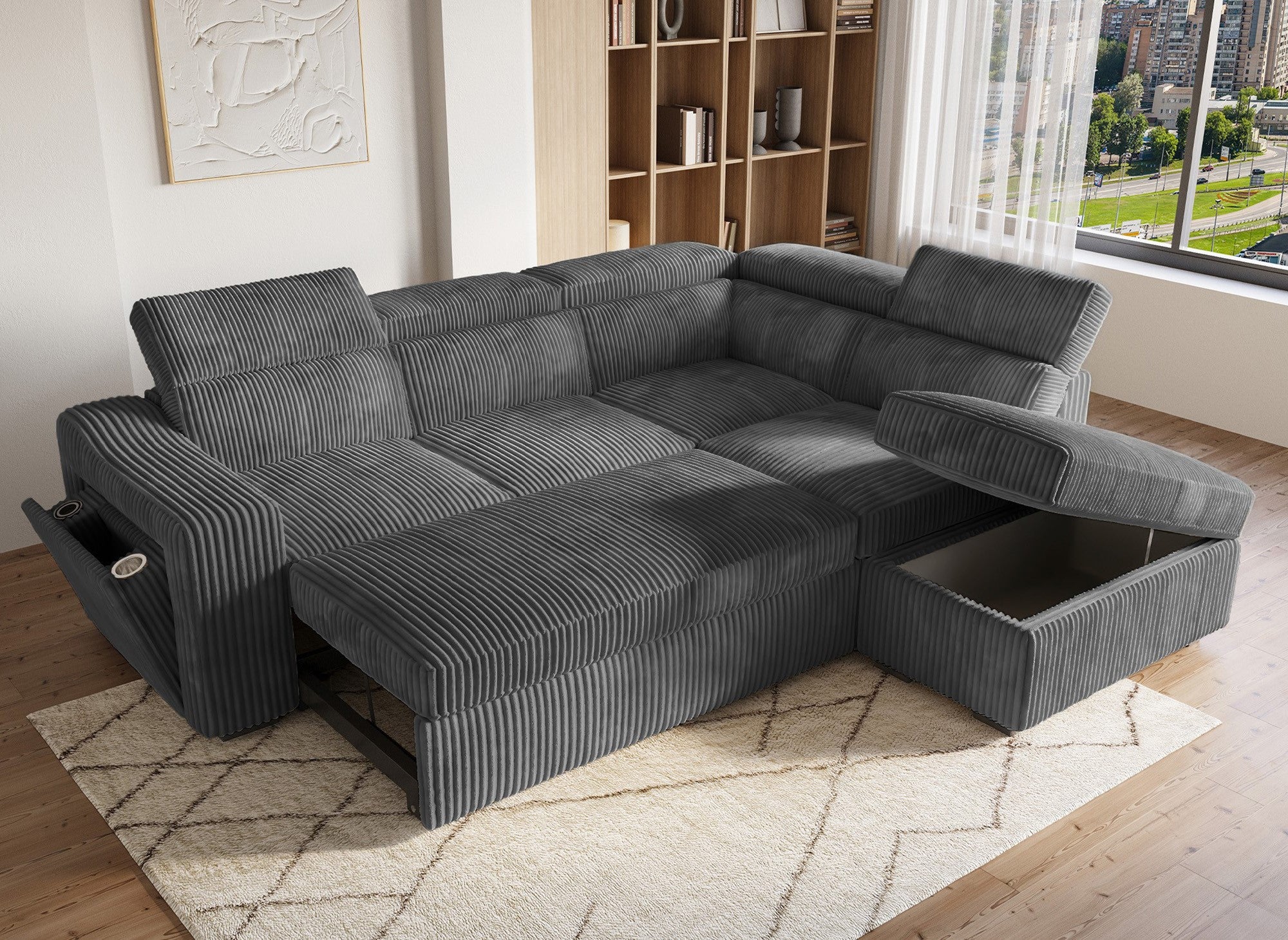 MARTY Ecksofa aus grauem Cord mit Stauraum - rechtwinklig