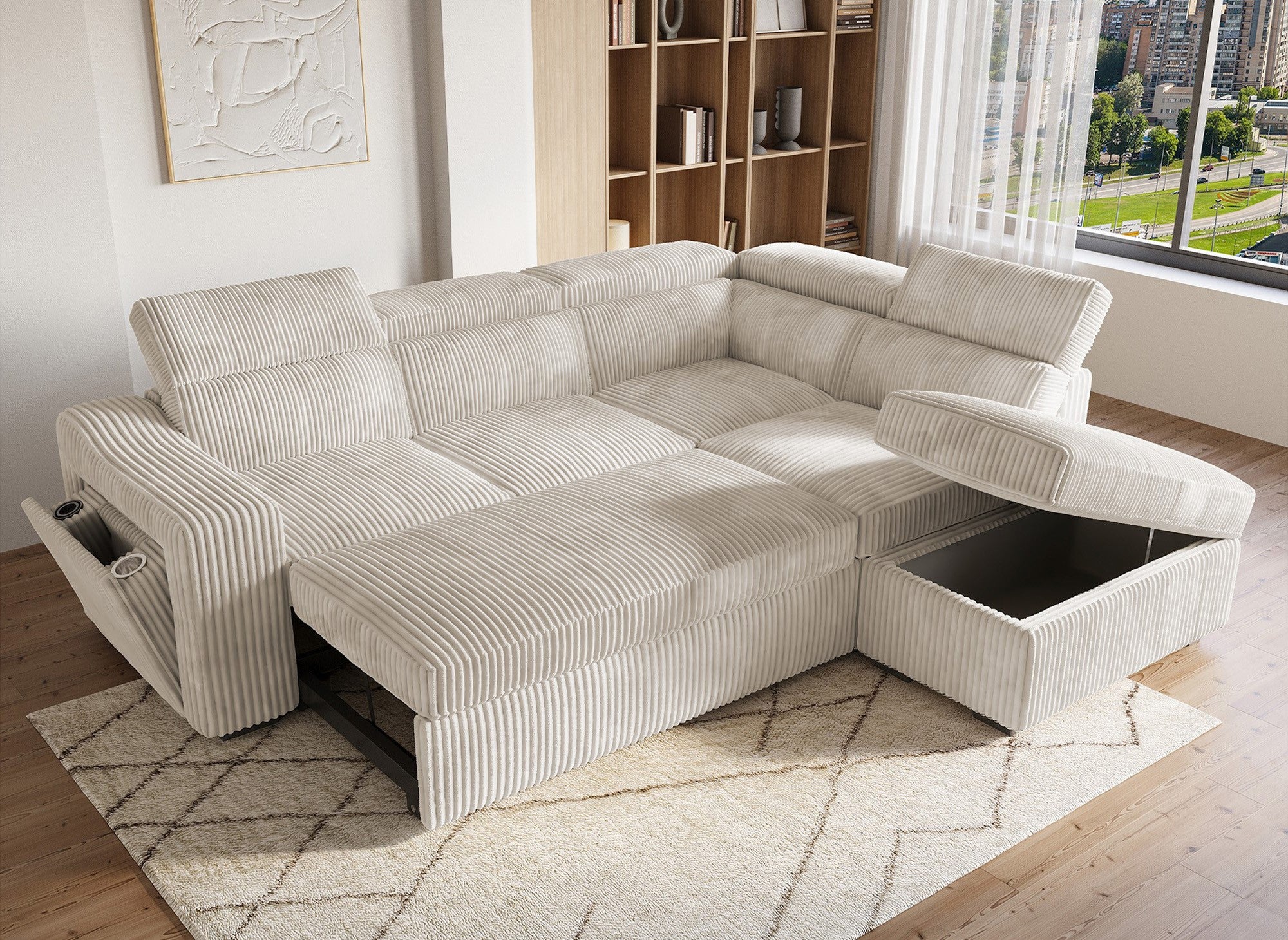 MARTY Ecksofa aus beigefarbenem Cord mit Stauraum - Rechtwinklig