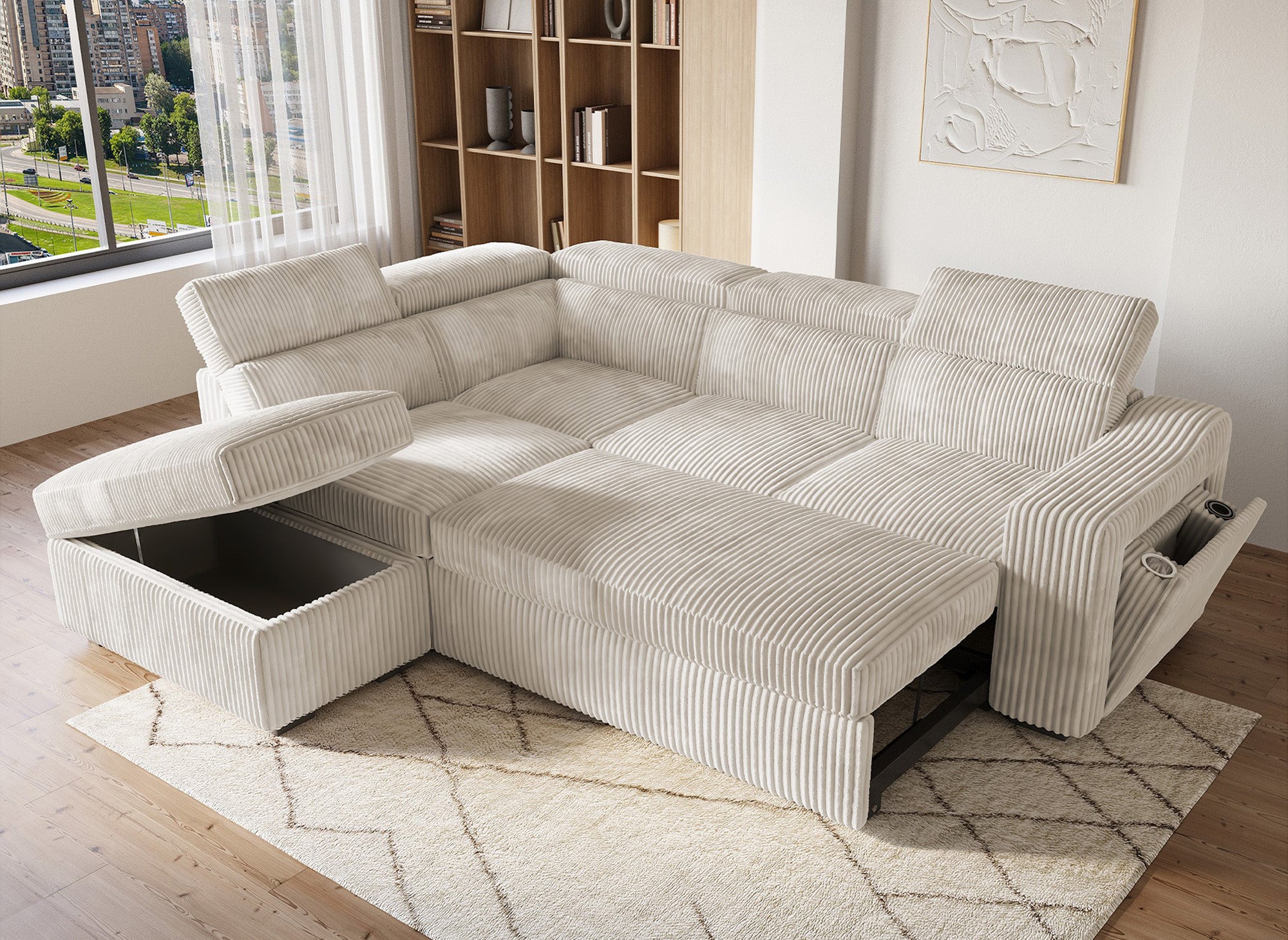 MARTY beiges Cord-Ecksofa mit Stauraum - Linke Ecke