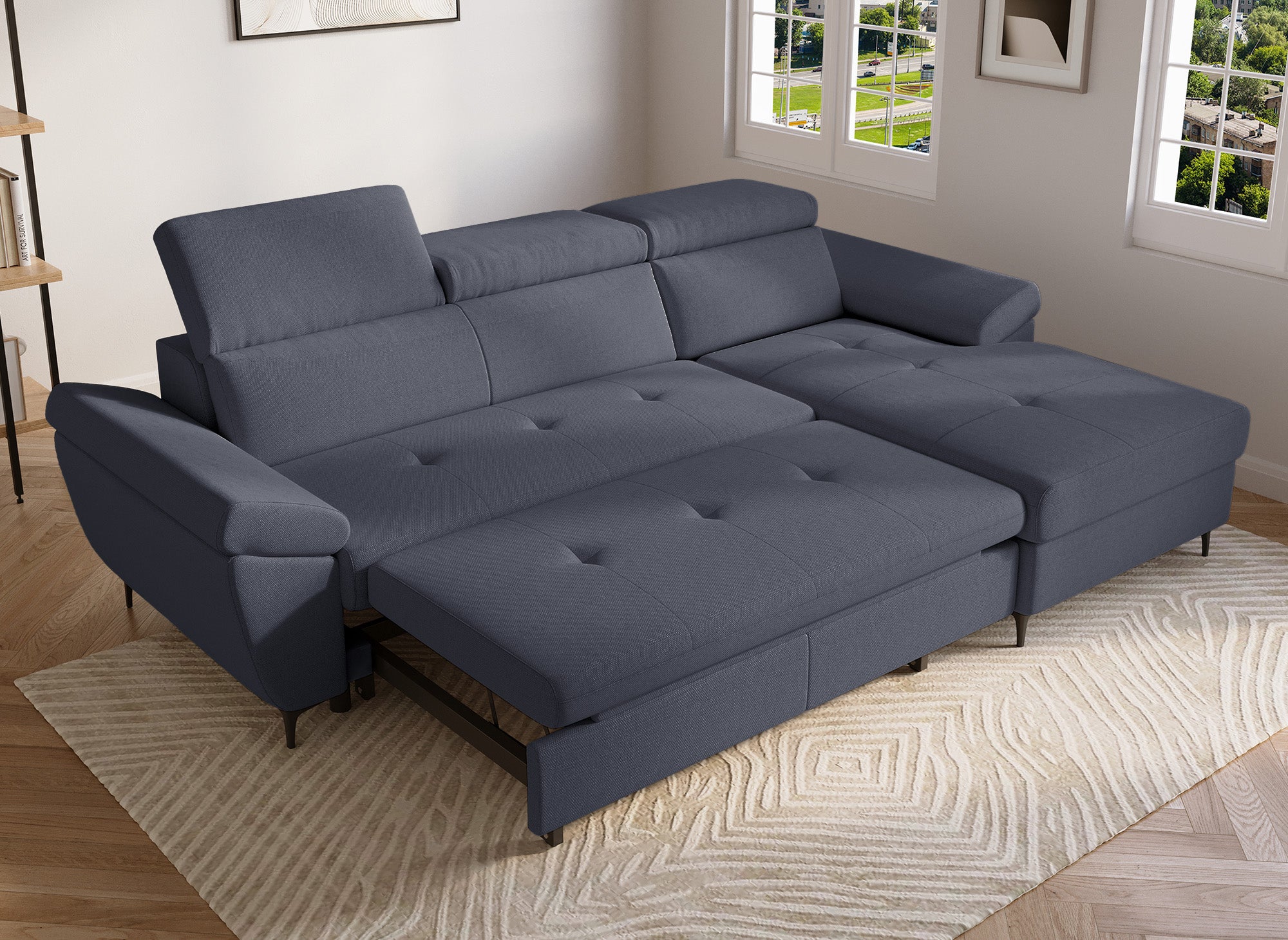 MONICA Ecksofa aus dunkelgrauem Stoff – rechtwinklig