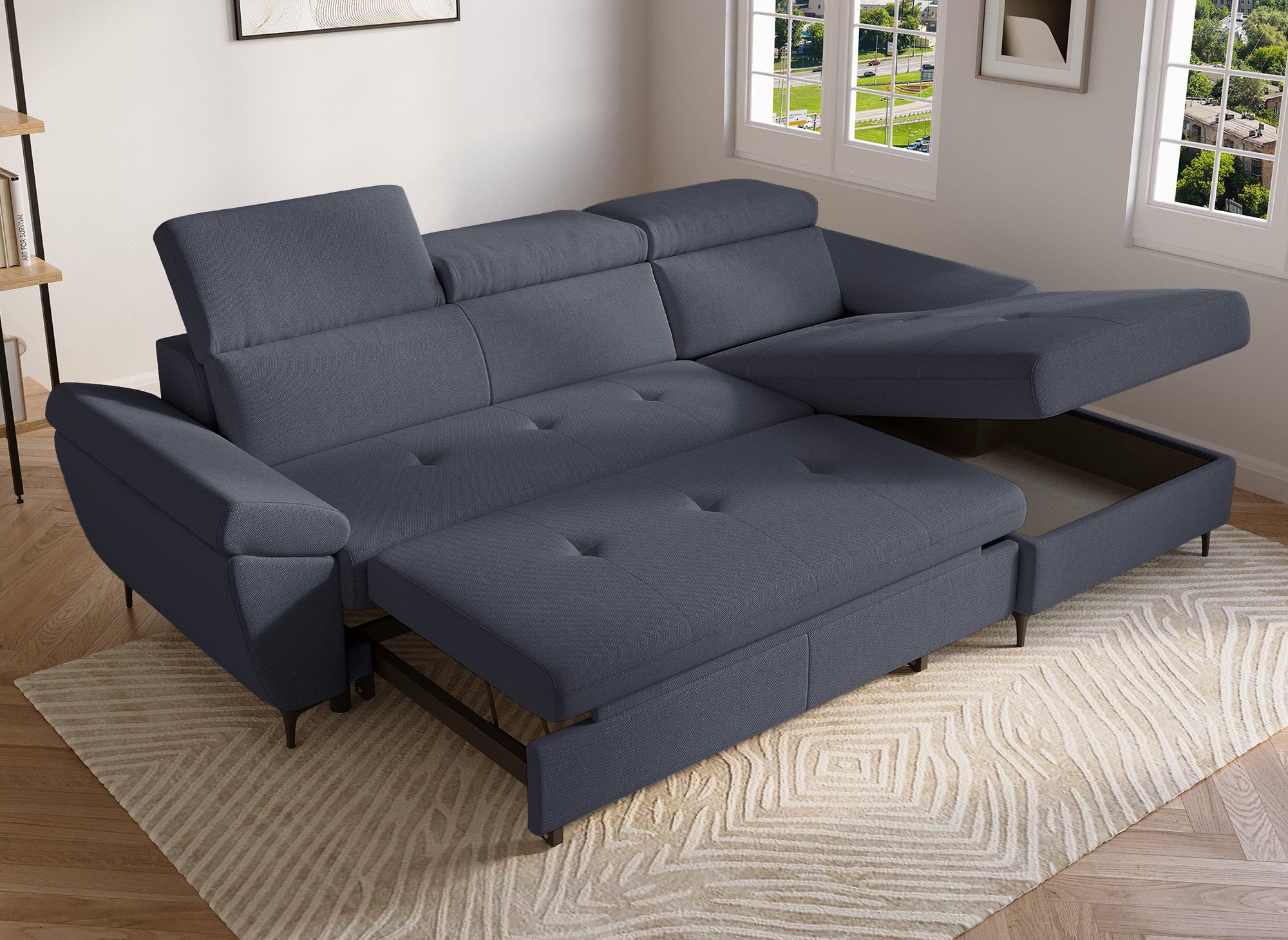 MONICA Ecksofa aus dunkelgrauem Stoff – rechtwinklig