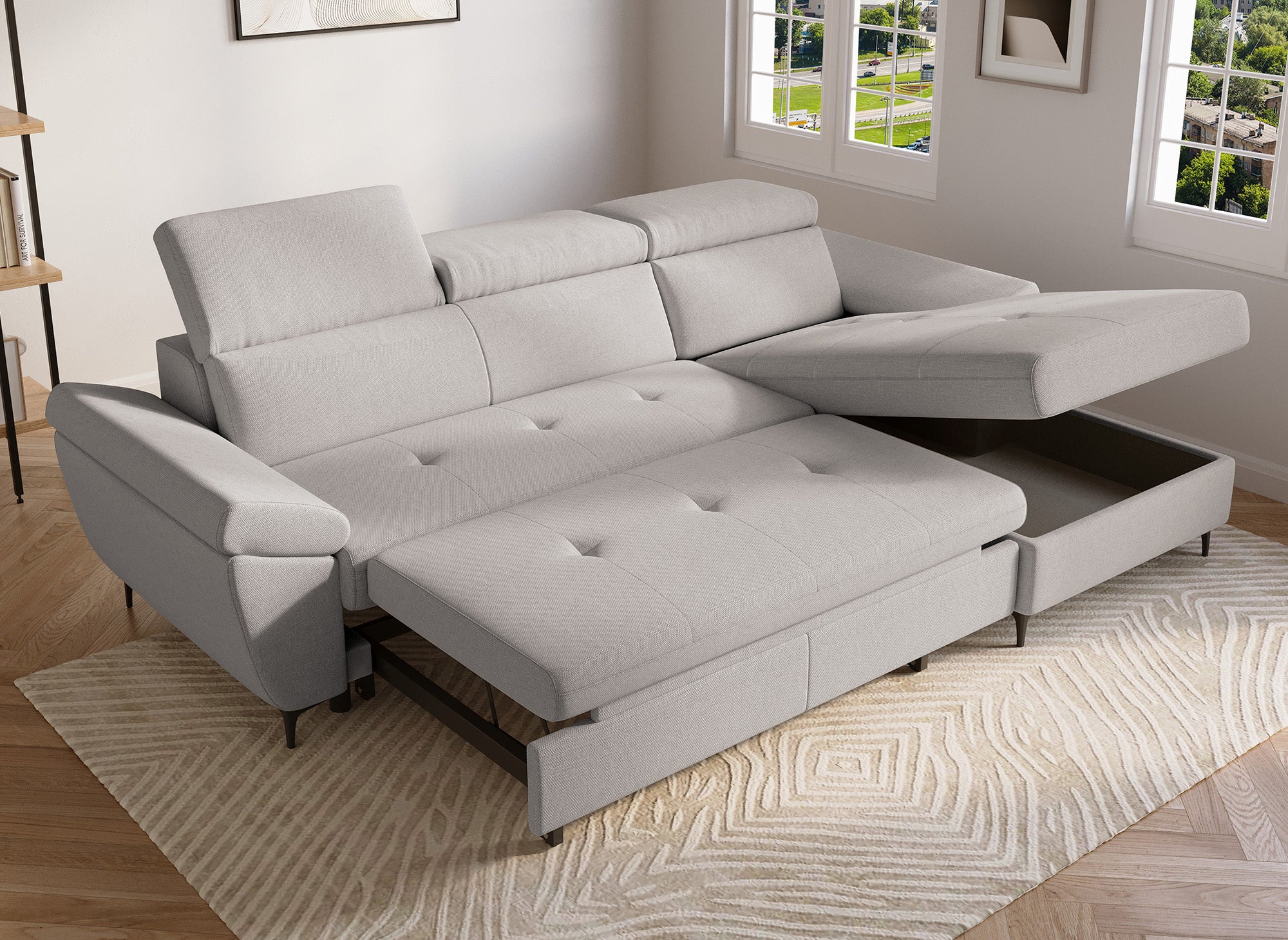 MONICA Ecksofa aus beigefarbenem Stoff – rechtwinklig