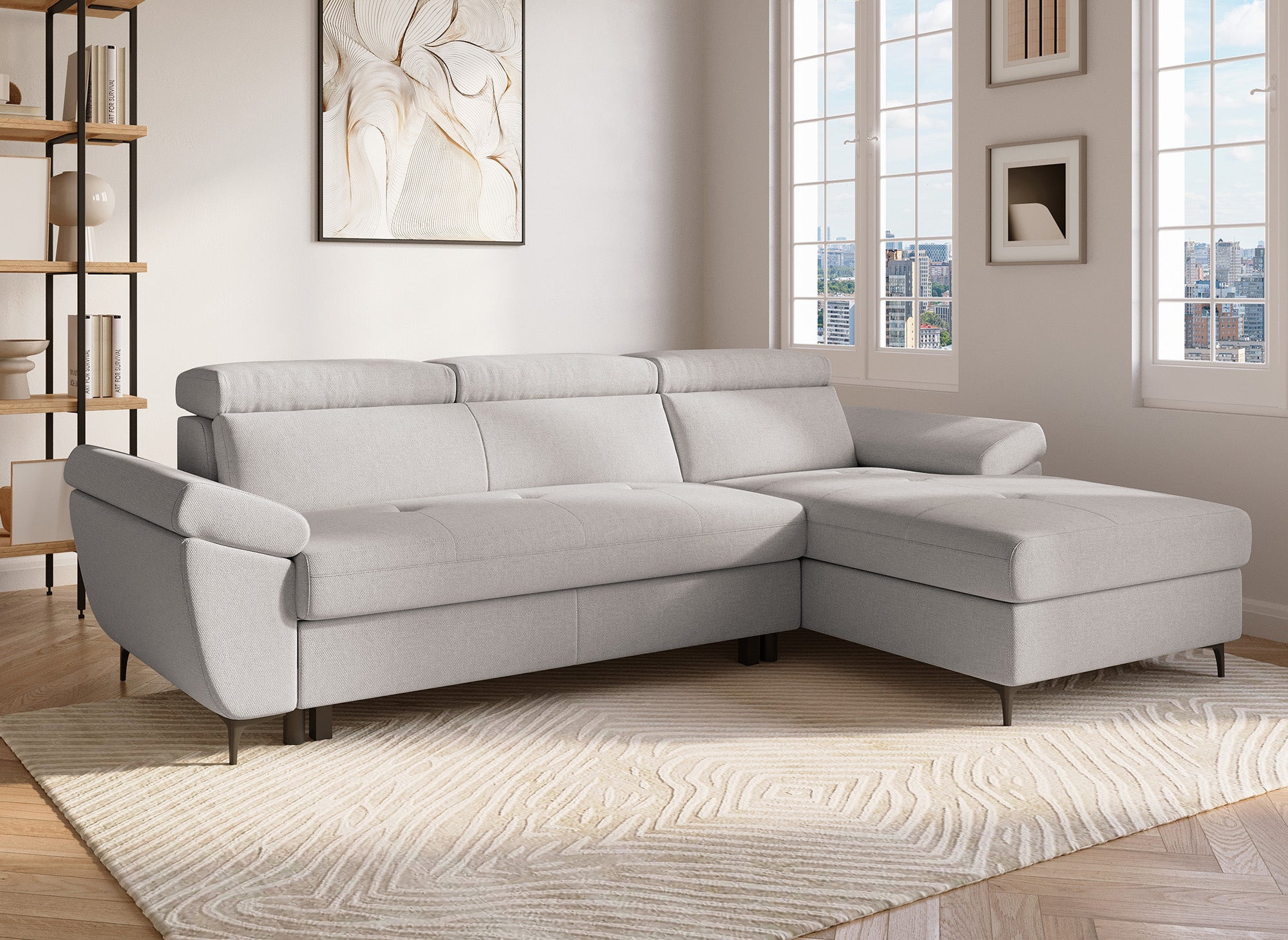 MONICA Ecksofa aus beigefarbenem Stoff – rechtwinklig