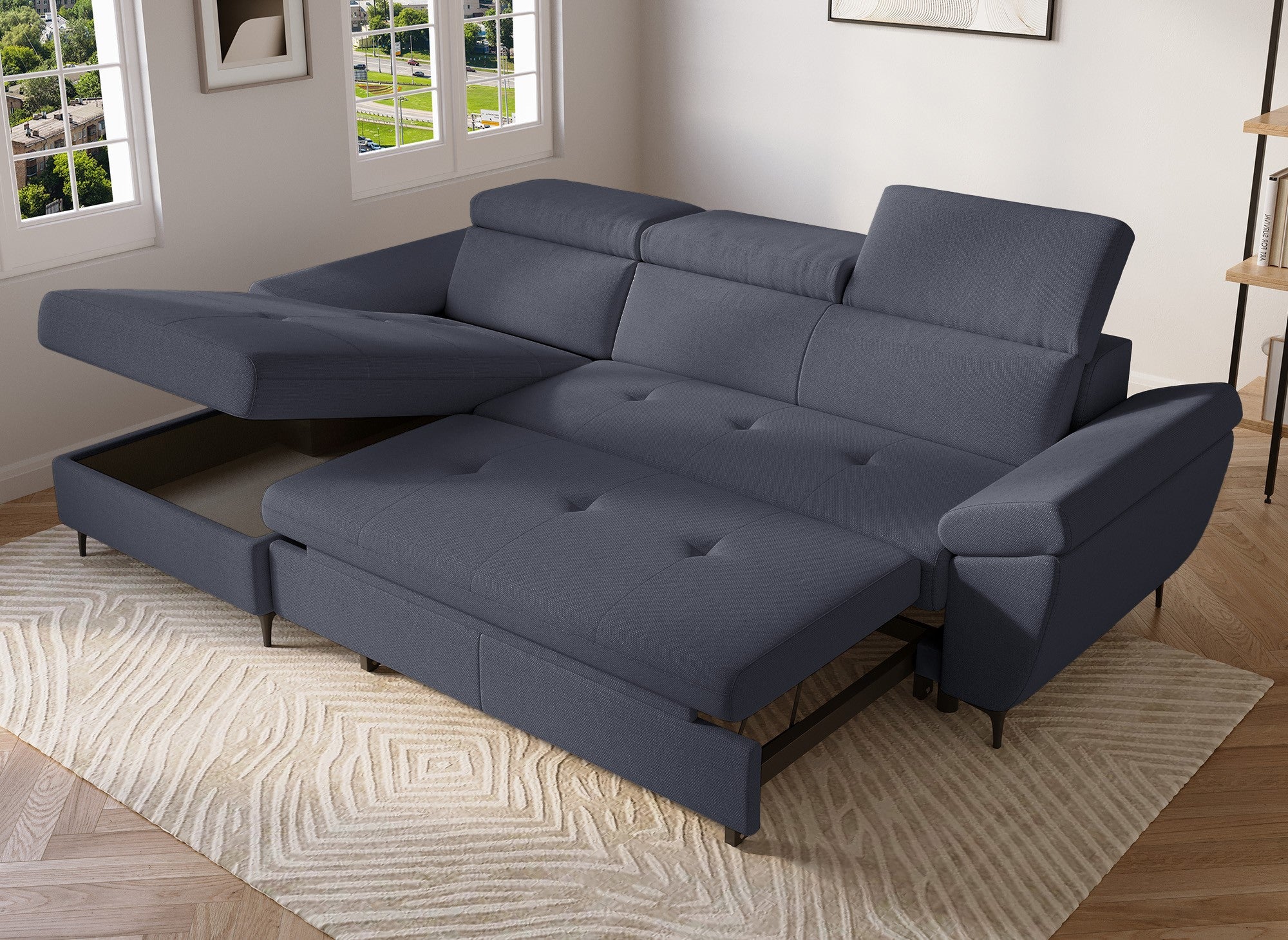 MONICA Ecksofa aus dunkelgrauem Stoff – Linke Ecke