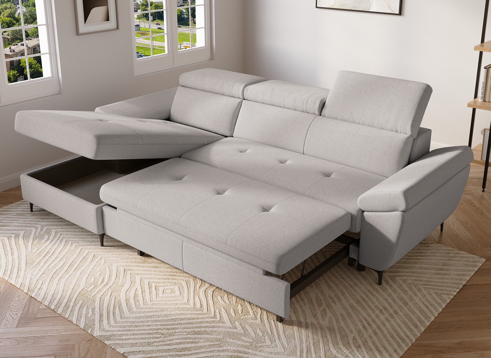 MONICA Ecksofa aus beigefarbenem Stoff – Linke Ecke