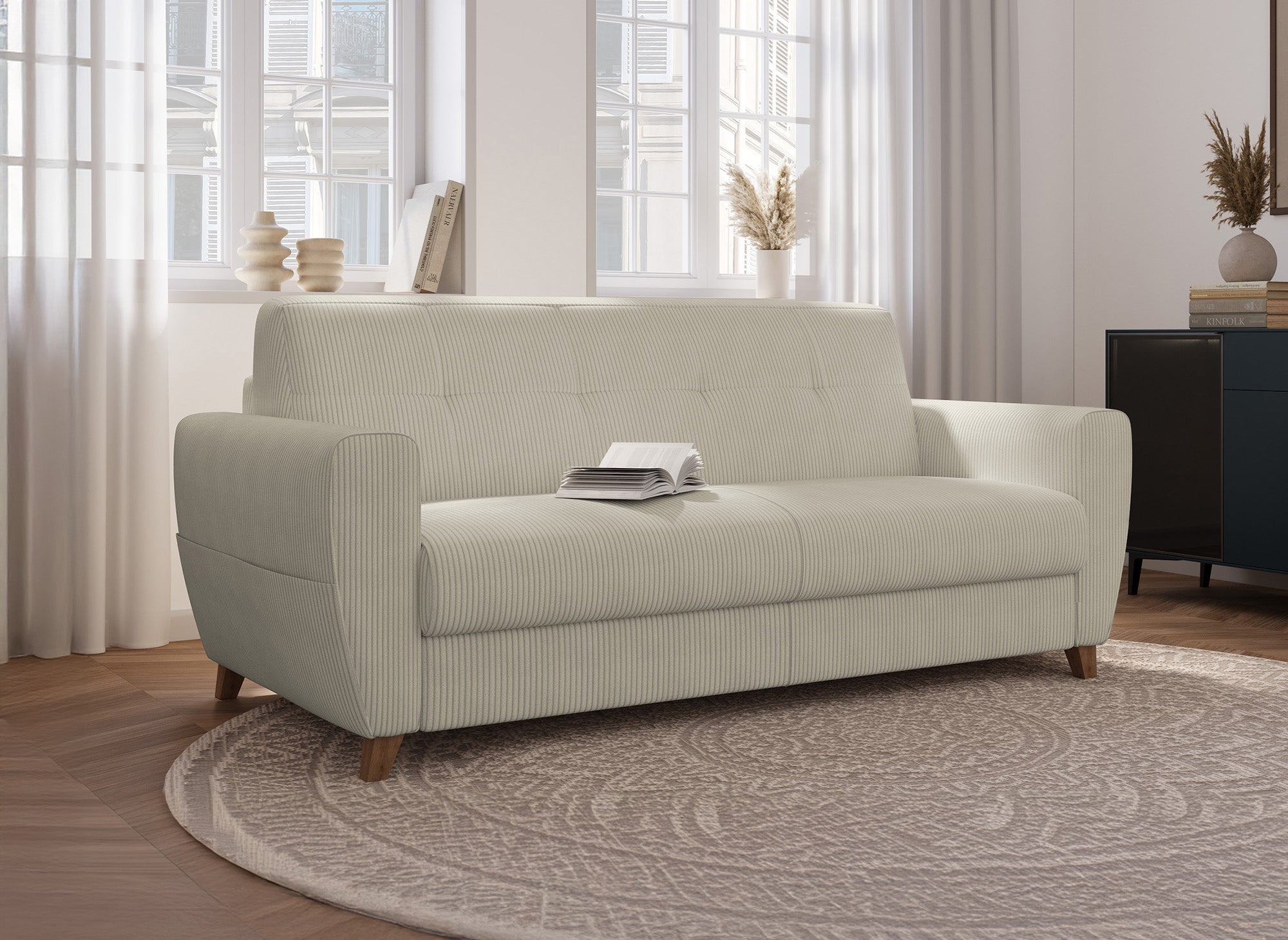 TOBIAS 3-Sitzer-Schlafsofa aus beigefarbenem Cord mit 18 cm Matratze