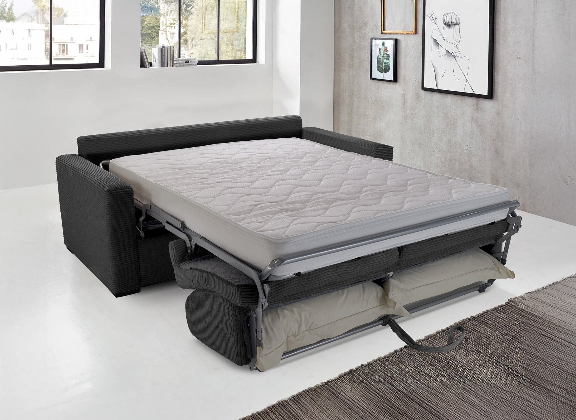 LOUNA 3-Sitzer-Schlafsofa aus dunkelgrauem Cord mit Expressöffnung