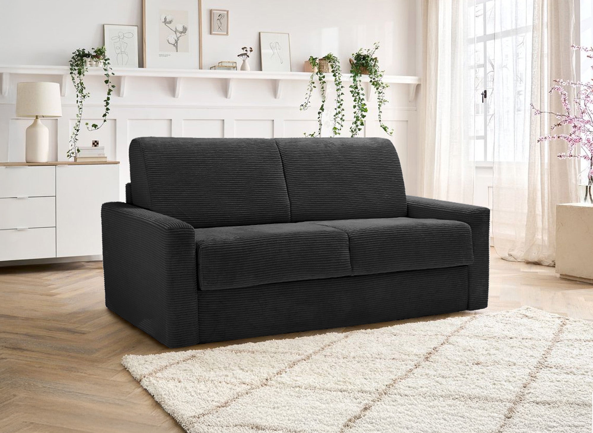 LOUNA 3-Sitzer-Schlafsofa aus dunkelgrauem Cord mit Expressöffnung
