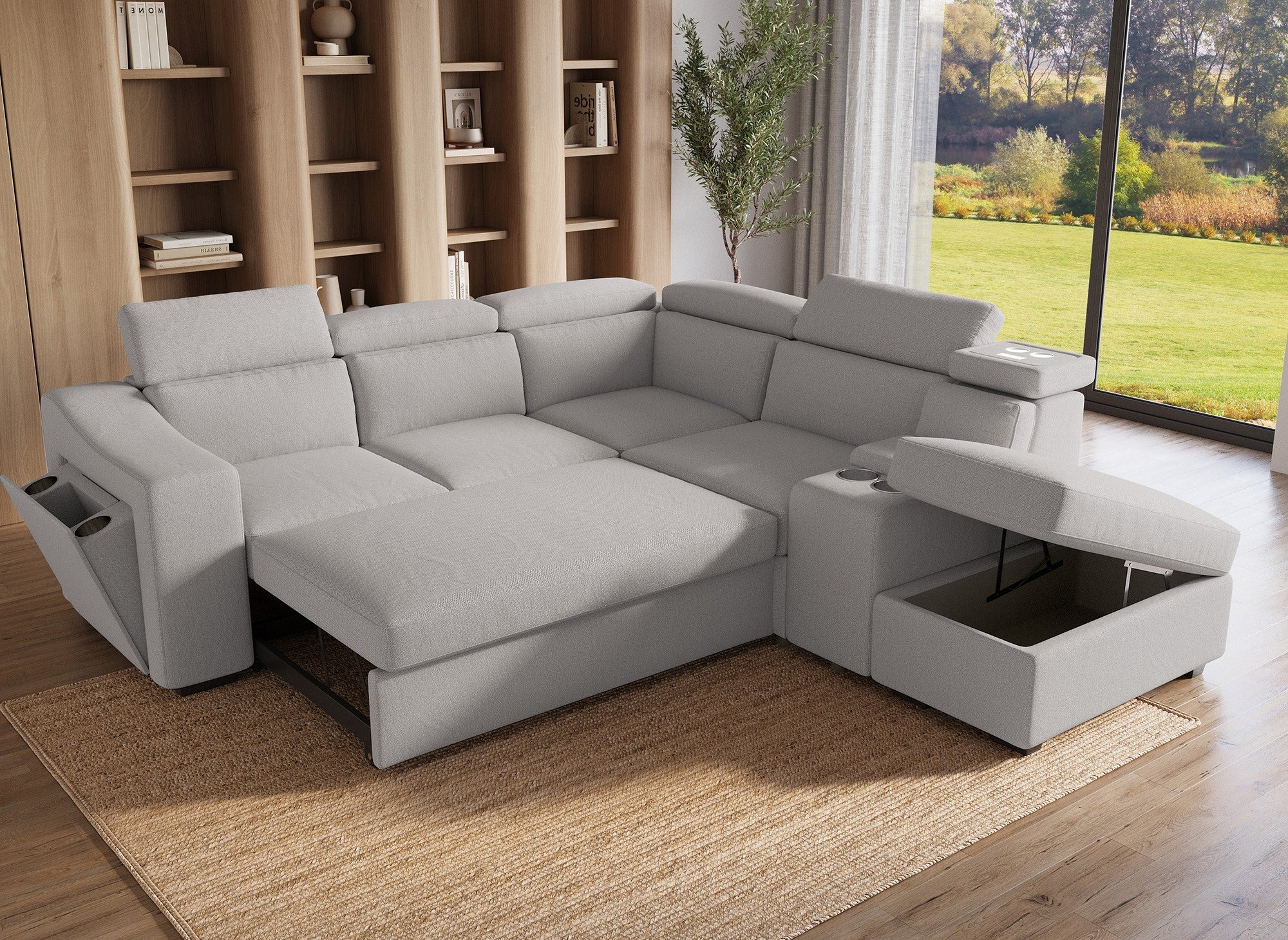 DEREK XL Ecksofa aus beigem Stoff, rechtwinklig