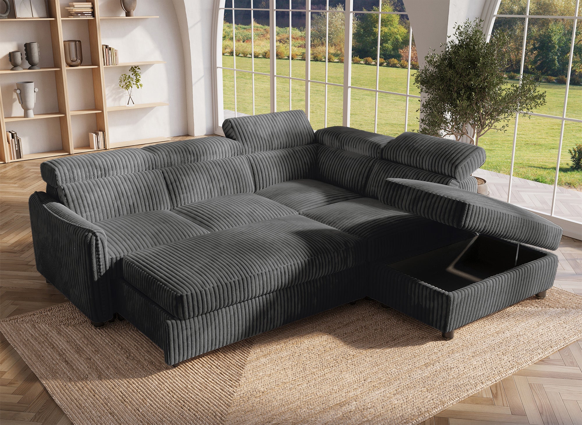 NAIROBI Ecksofa, dicker Cord, grau, rechtwinklig