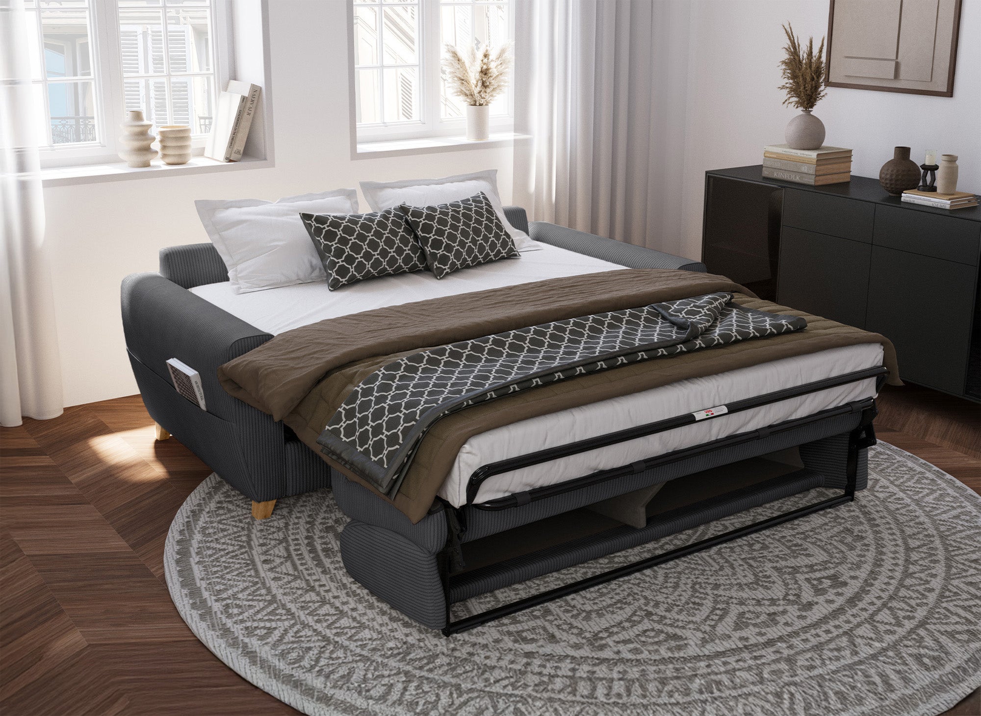 TOBIAS 3-Sitzer-Schlafsofa aus dunkelgrauem Cord mit 18 cm Matratze