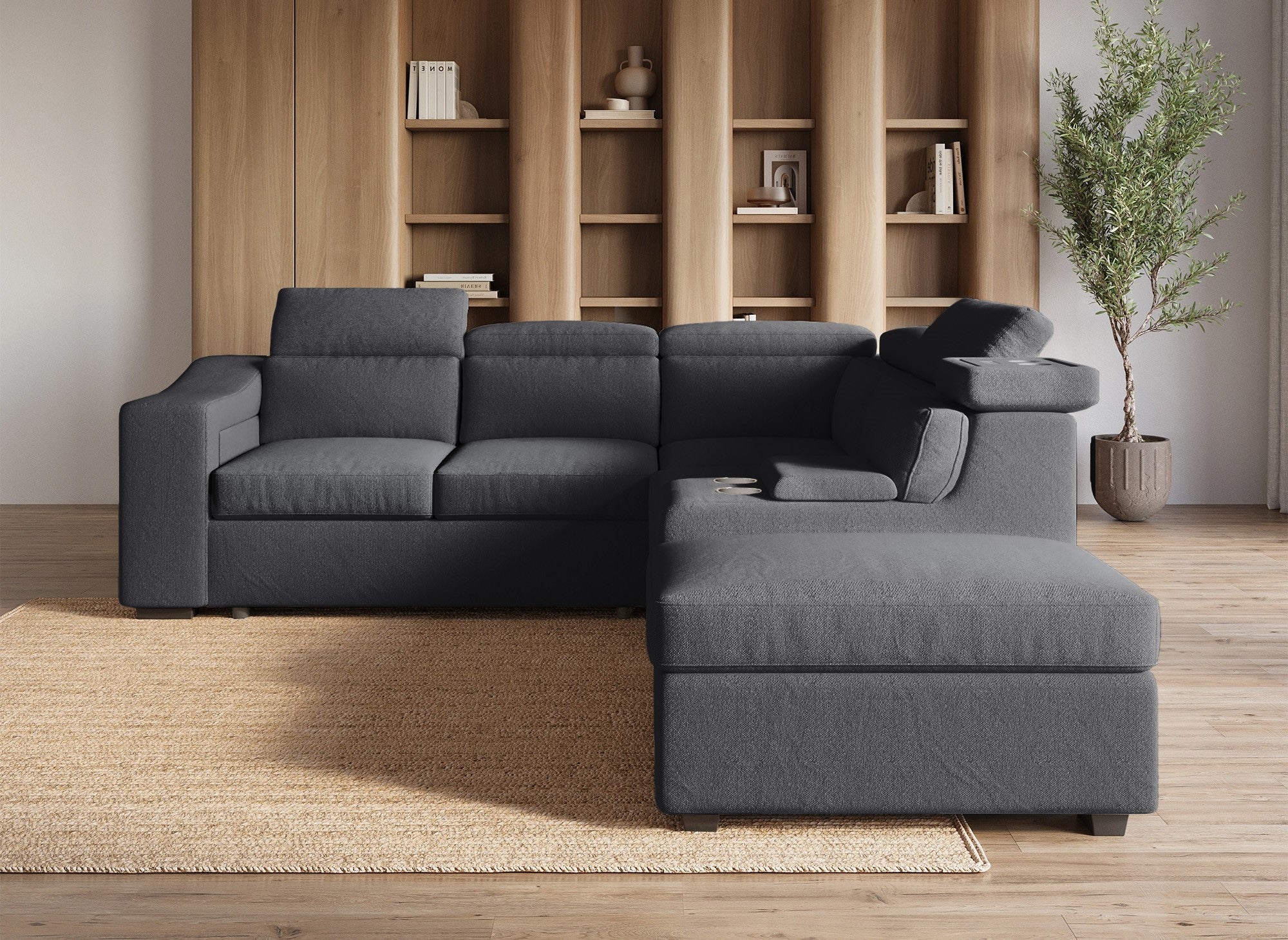 DEREK XL Ecksofa aus dunkelgrauem Stoff – rechtwinklig