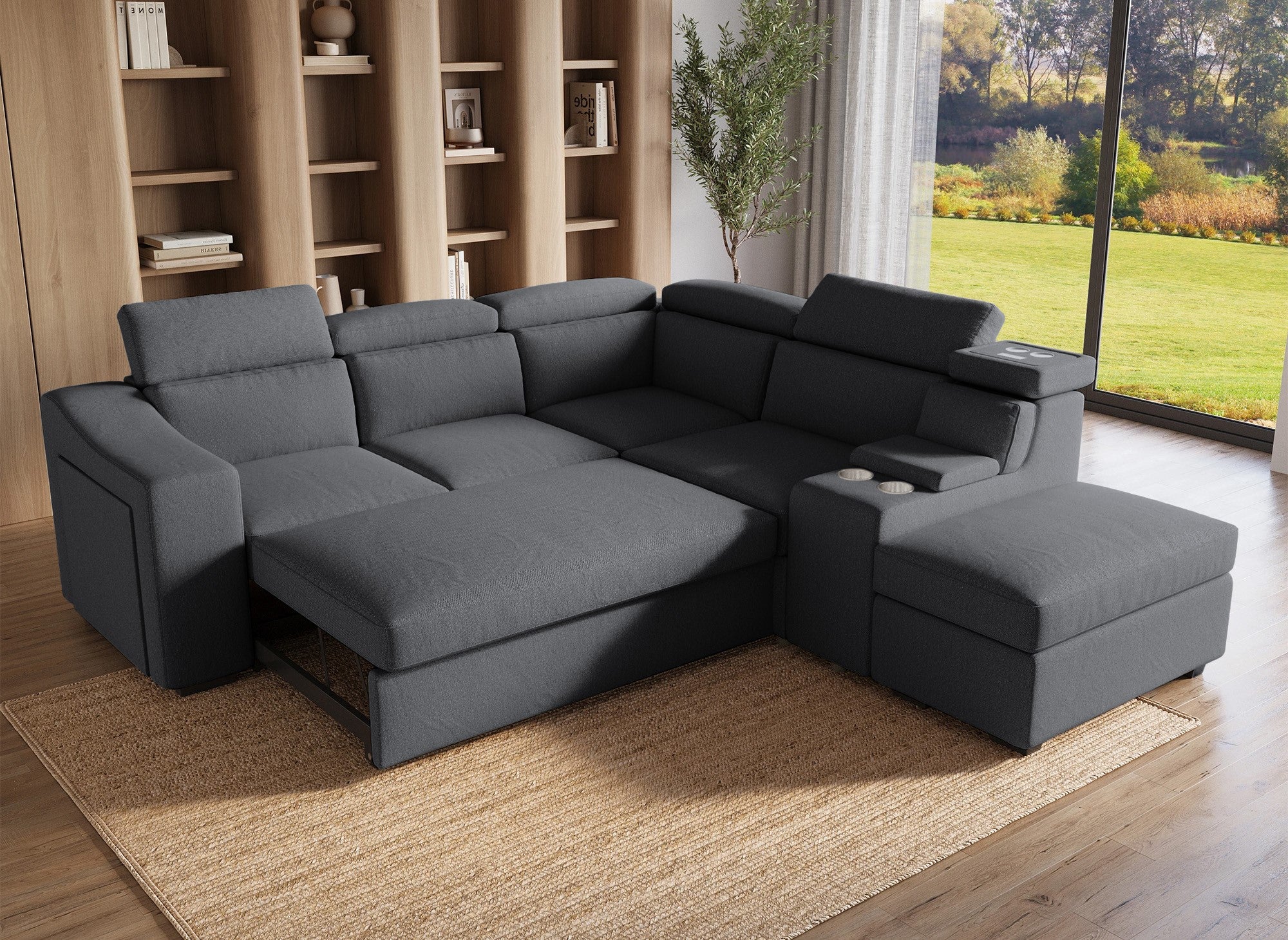 DEREK XL Ecksofa aus dunkelgrauem Stoff – rechtwinklig