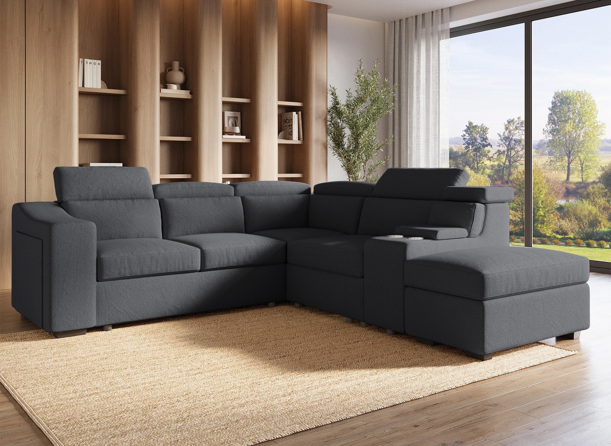 DEREK XL Ecksofa aus dunkelgrauem Stoff – rechtwinklig