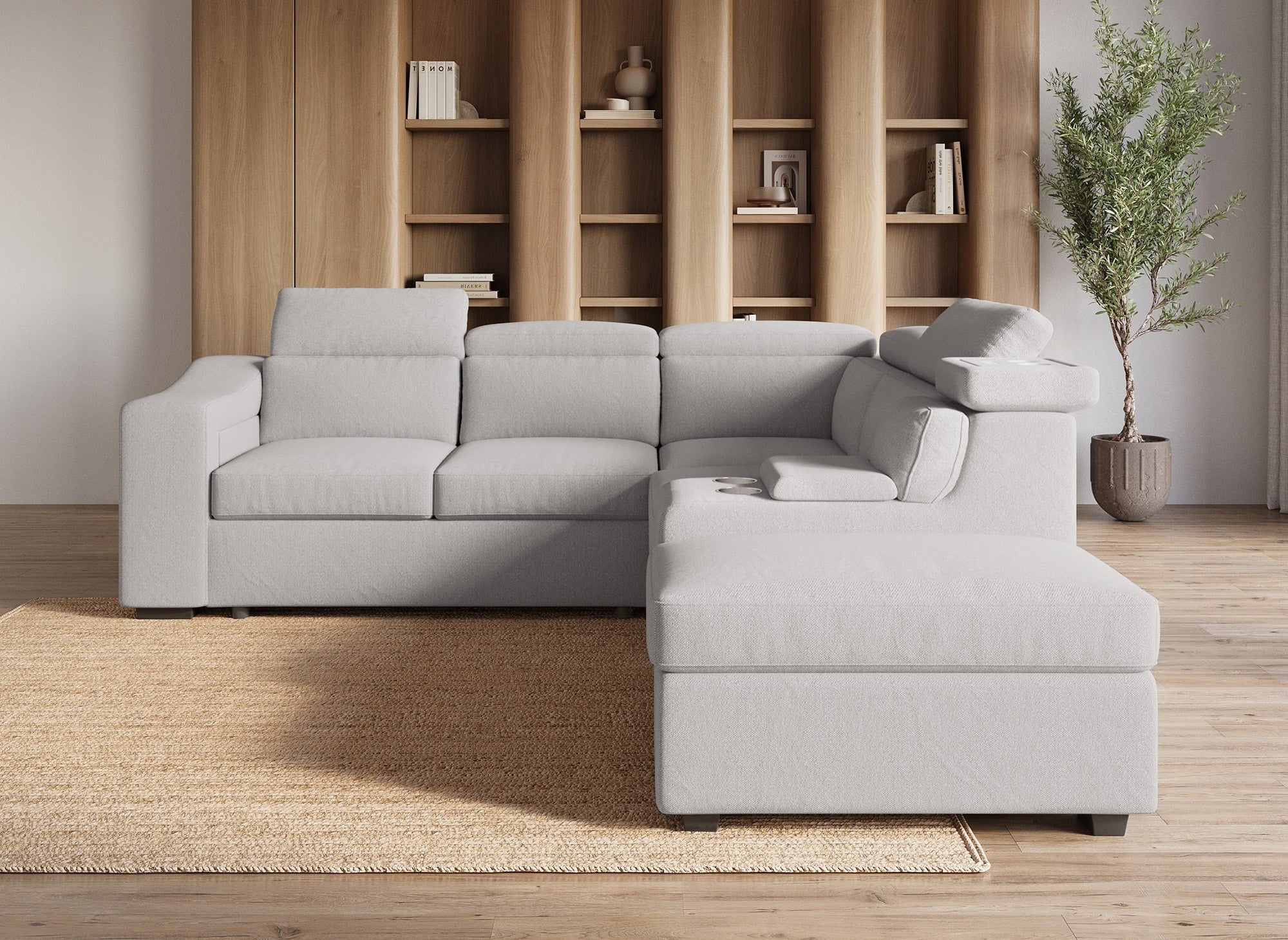 DEREK XL Ecksofa aus beigem Stoff, rechtwinklig
