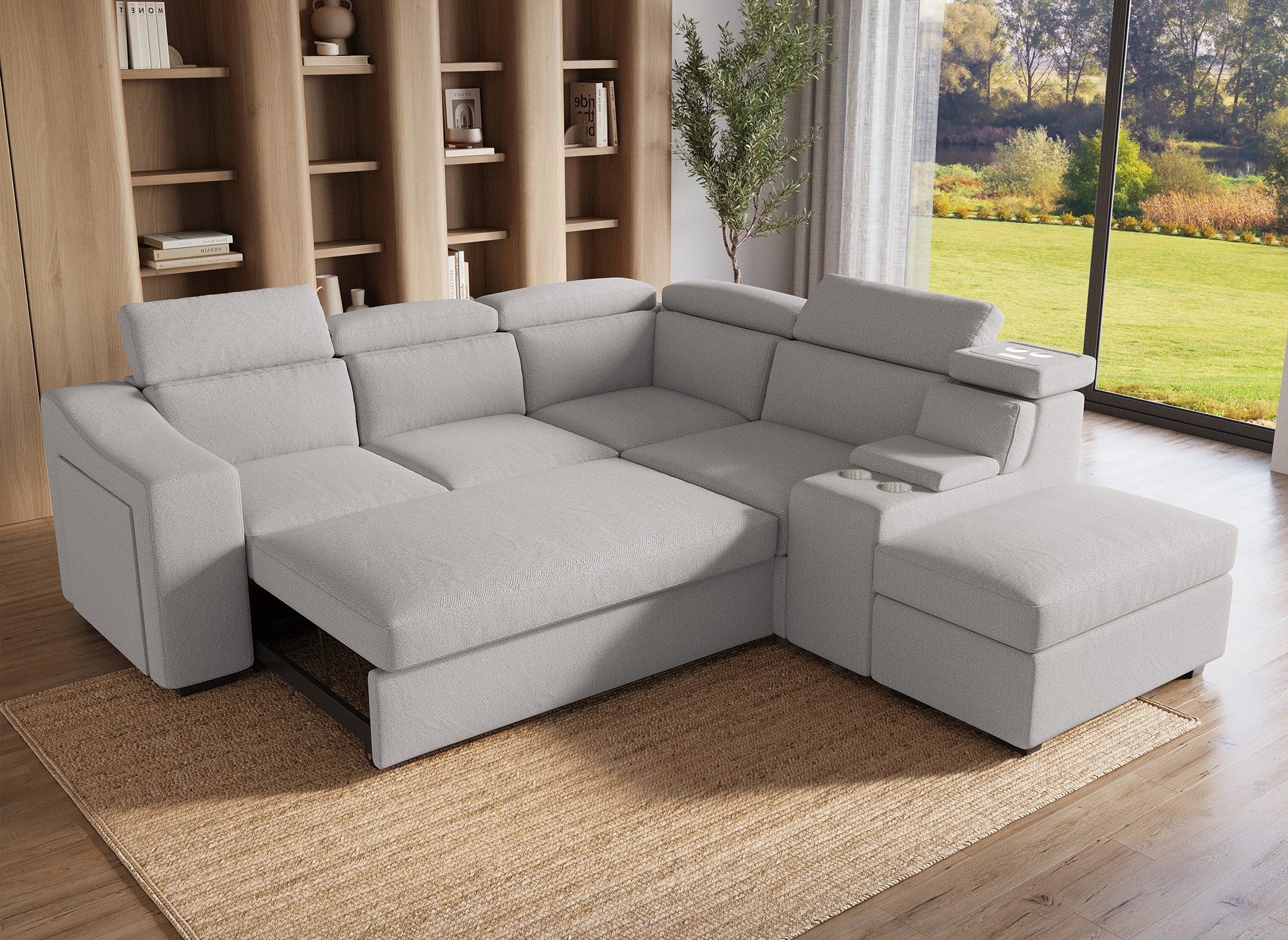 DEREK XL Ecksofa aus beigem Stoff, rechtwinklig
