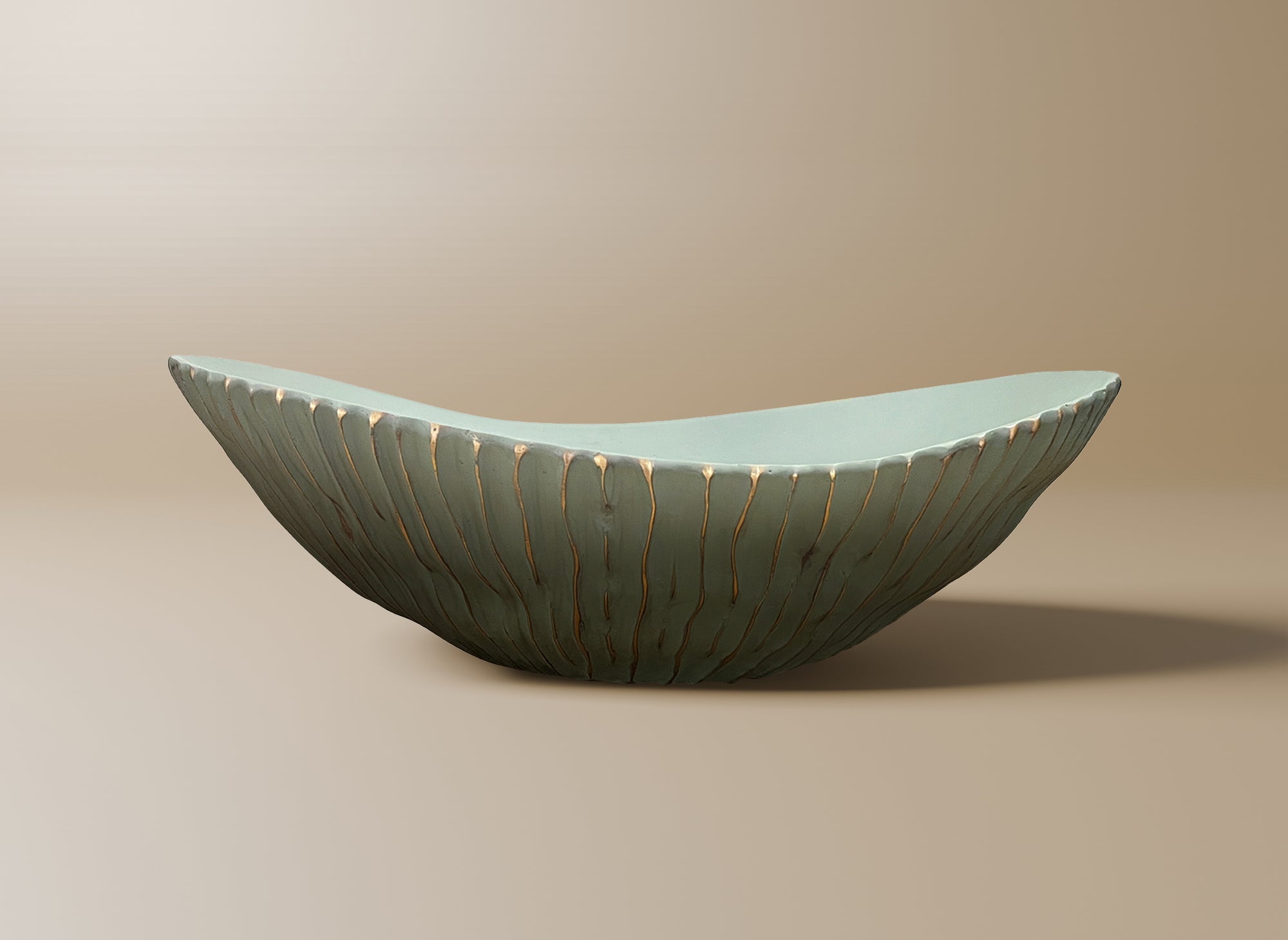 Ovale Schale aus grünem und goldenem Polyresin 40 cm GABY