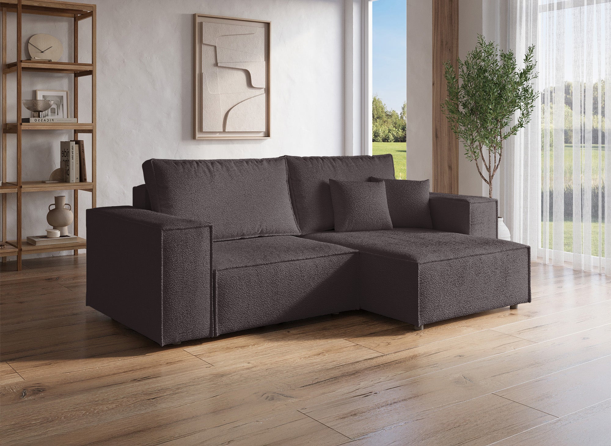 JADE MINI umwandelbares und wendbares Ecksofa mit Stauraum aus braunem Bouclé-Stoff