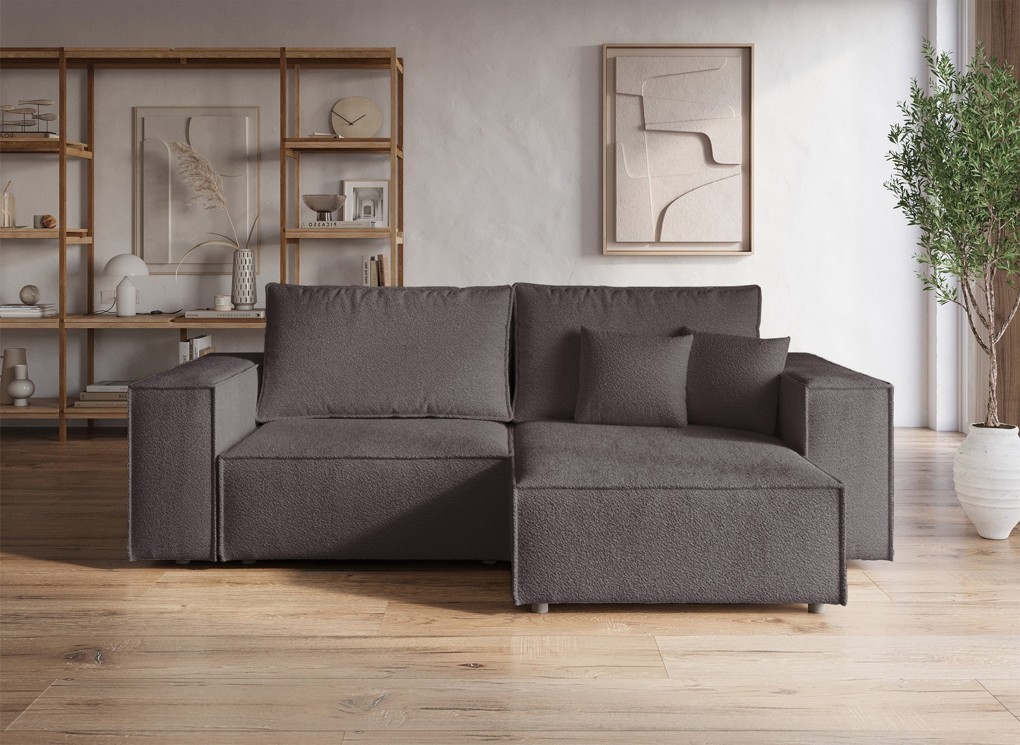 JADE MINI umwandelbares und wendbares Ecksofa mit Stauraum aus braunem Bouclé-Stoff