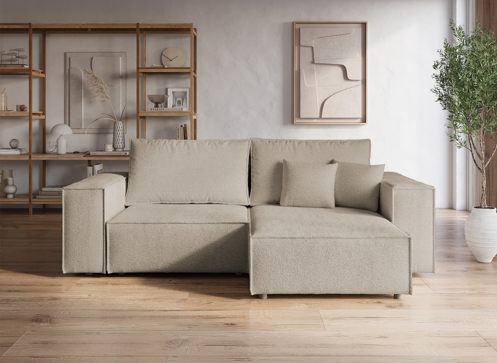 JADE MINI Taupe Frottee-Ecksofa mit Stauraum, umwandelbar und wendbar