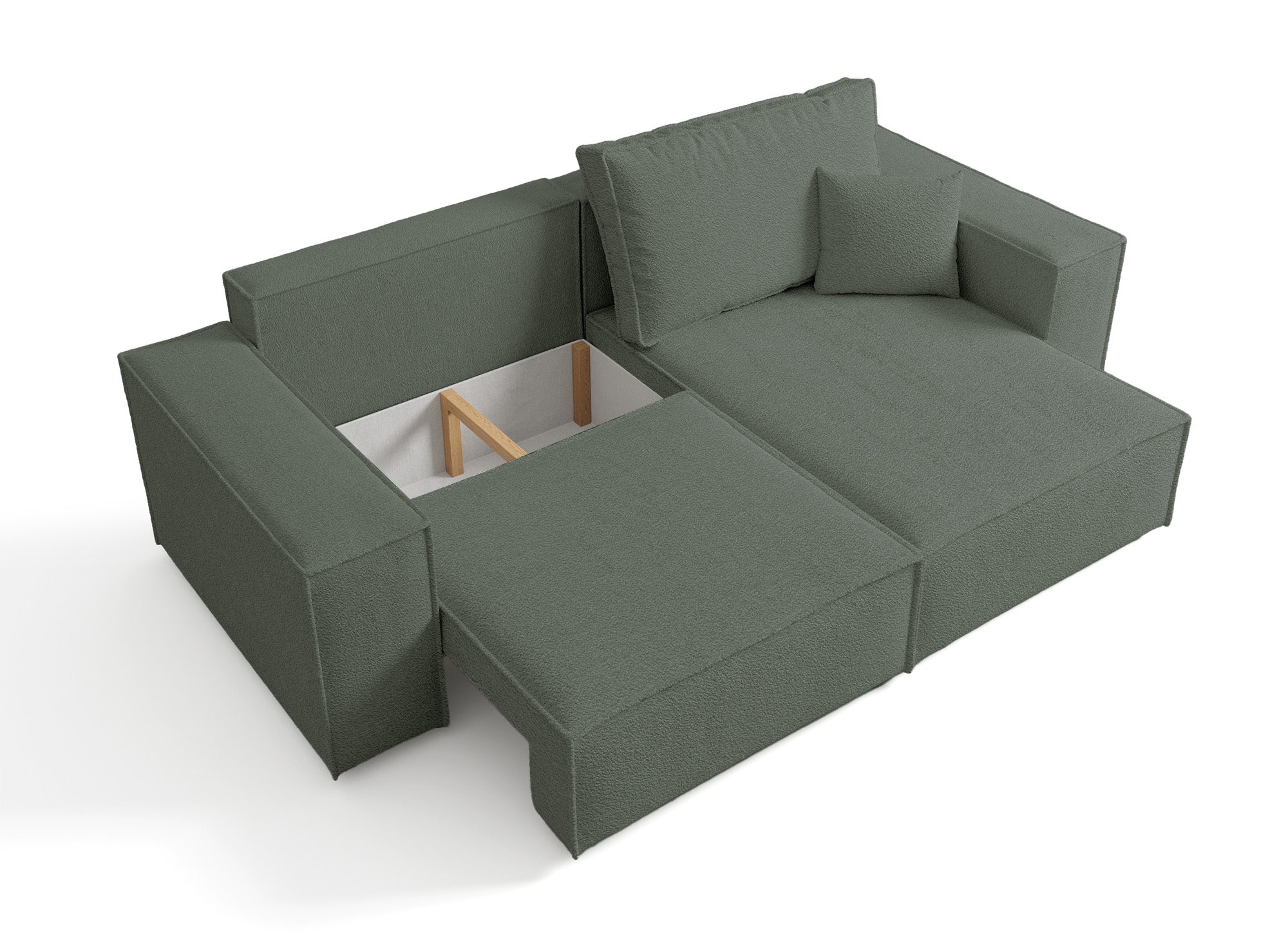 JADE MINI khakigrünes, umwandelbares und wendbares Ecksofa aus Frottee mit Stauraum