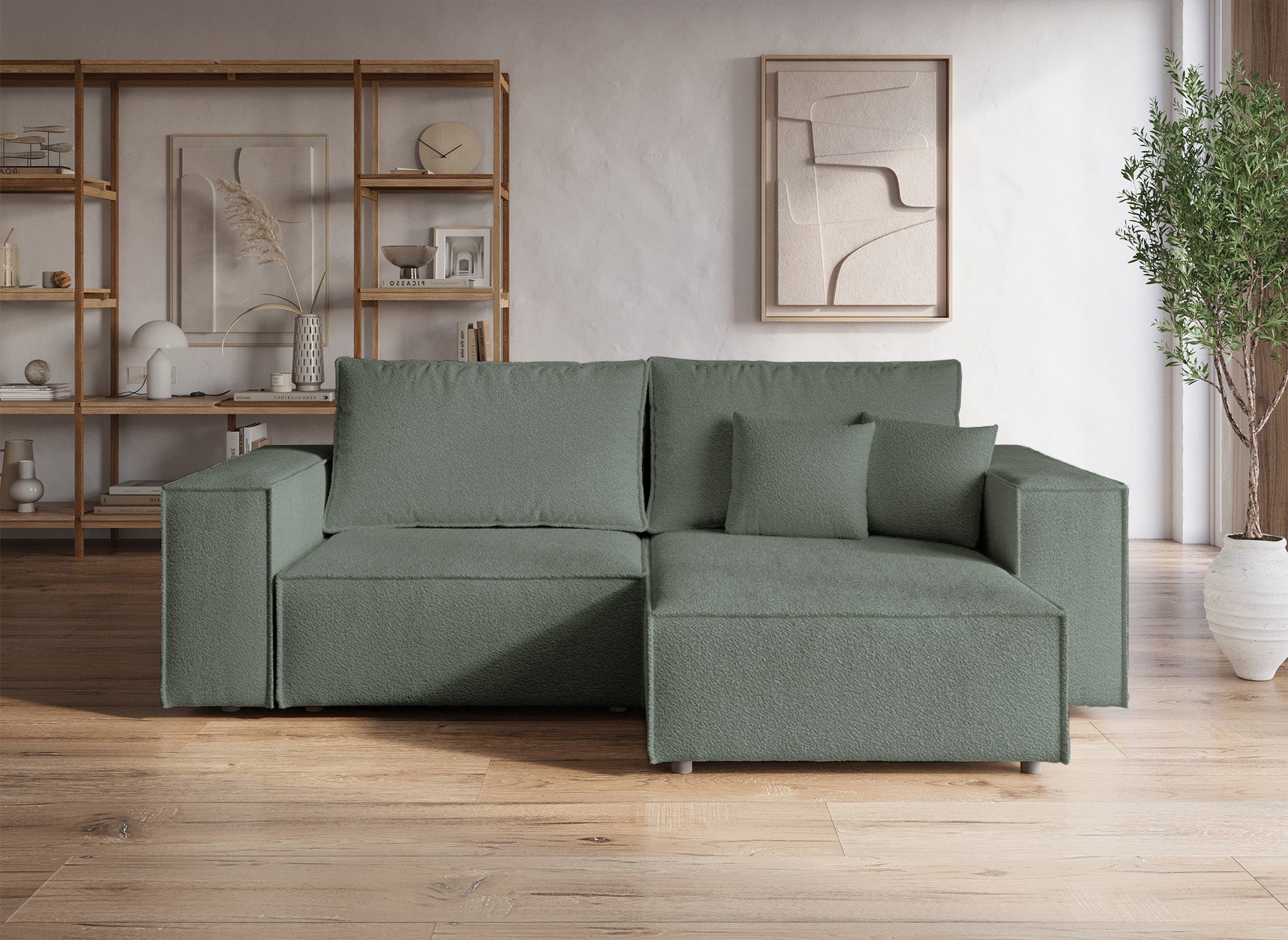 JADE MINI khakigrünes, umwandelbares und wendbares Ecksofa aus Frottee mit Stauraum