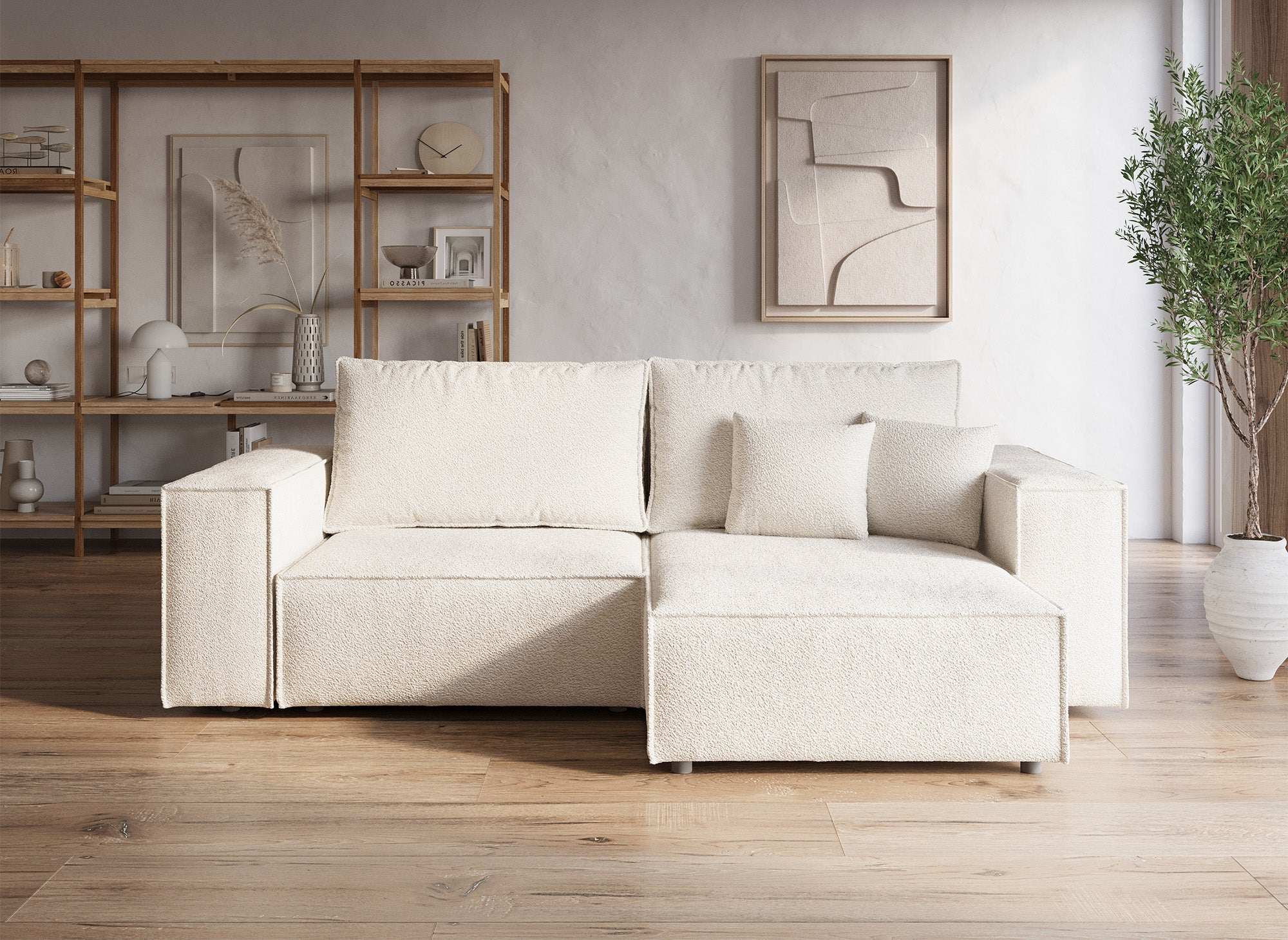 JADE MINI umwandelbares und wendbares Ecksofa mit Stauraum aus beigem Bouclé-Stoff