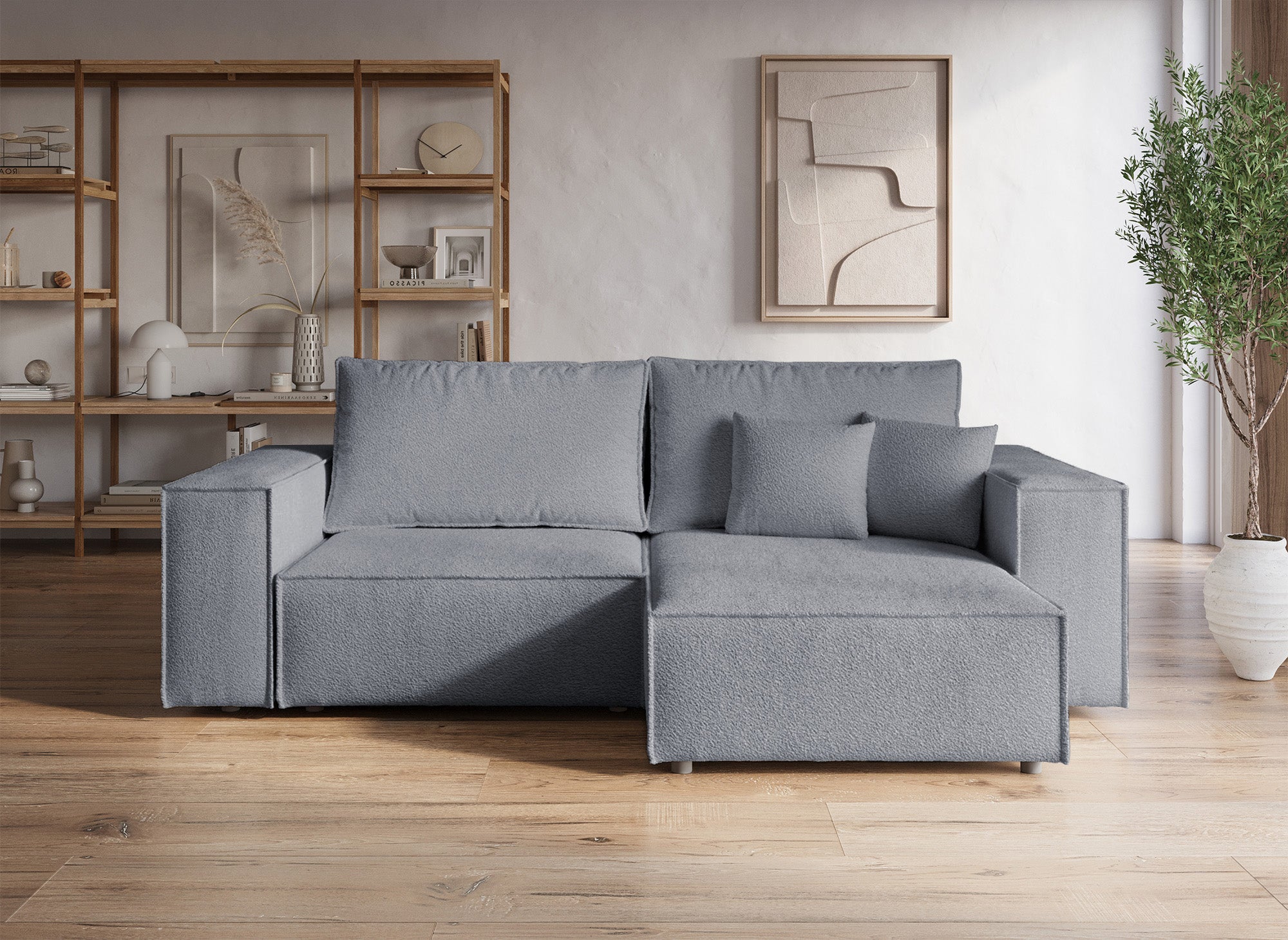 JADE MINI umwandelbares und wendbares Ecksofa mit Stauraum aus anthrazitgrauem Bouclé-Stoff