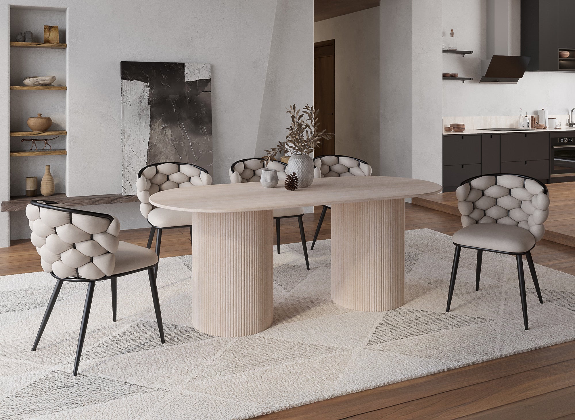 DHARA Ovaler Esstisch aus beigefarbenem Verbundmarmor für 8 Personen