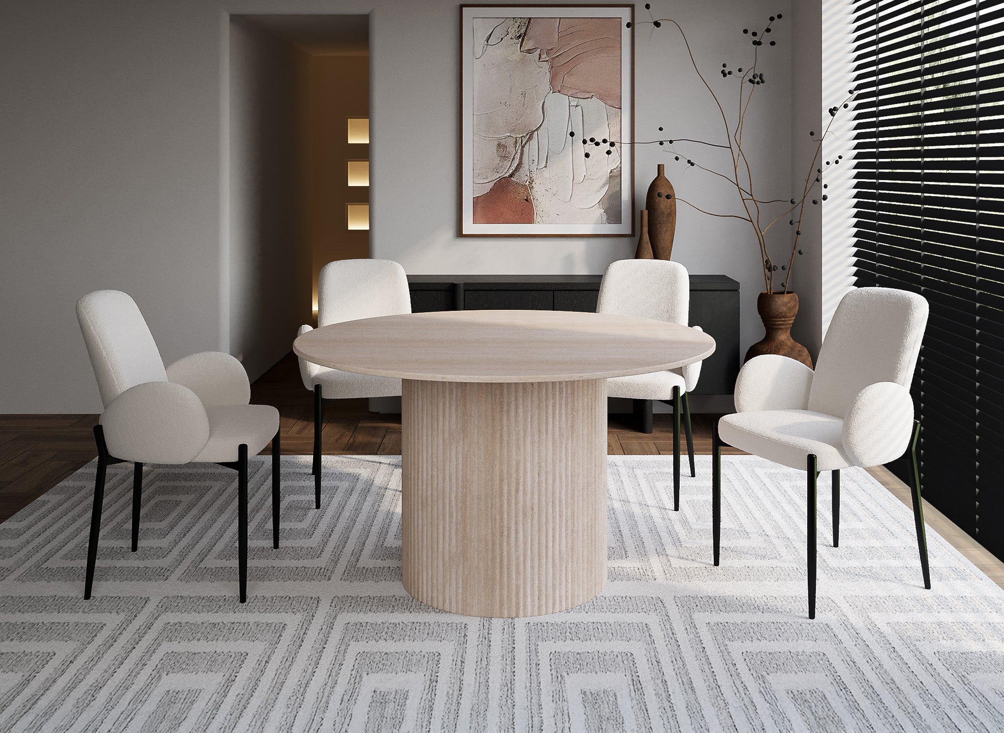 DHARA runder Esstisch für 4 Personen aus beigefarbenem Verbundmarmor