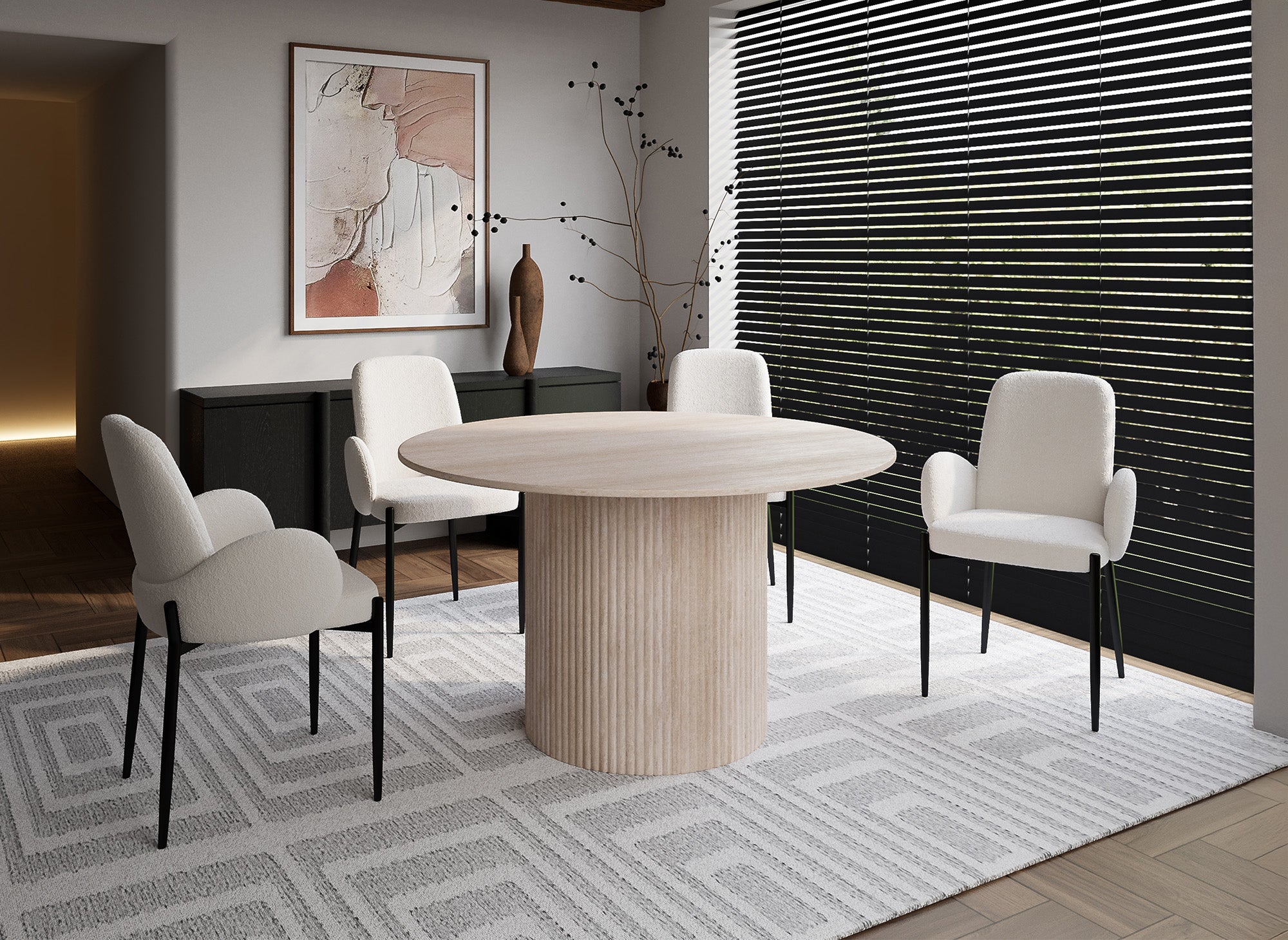 DHARA runder Esstisch für 4 Personen aus beigefarbenem Verbundmarmor