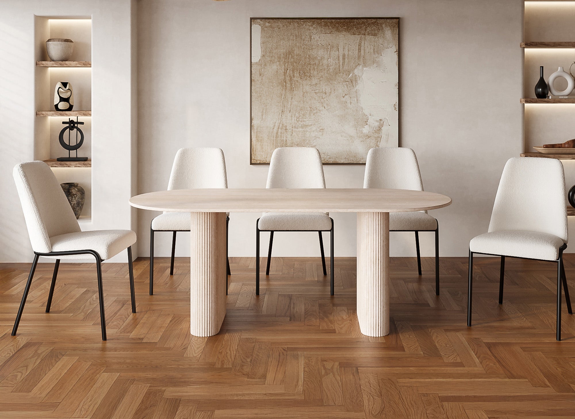 Ovaler Esstisch ELMA für 8 Personen aus beigem Verbundmarmor